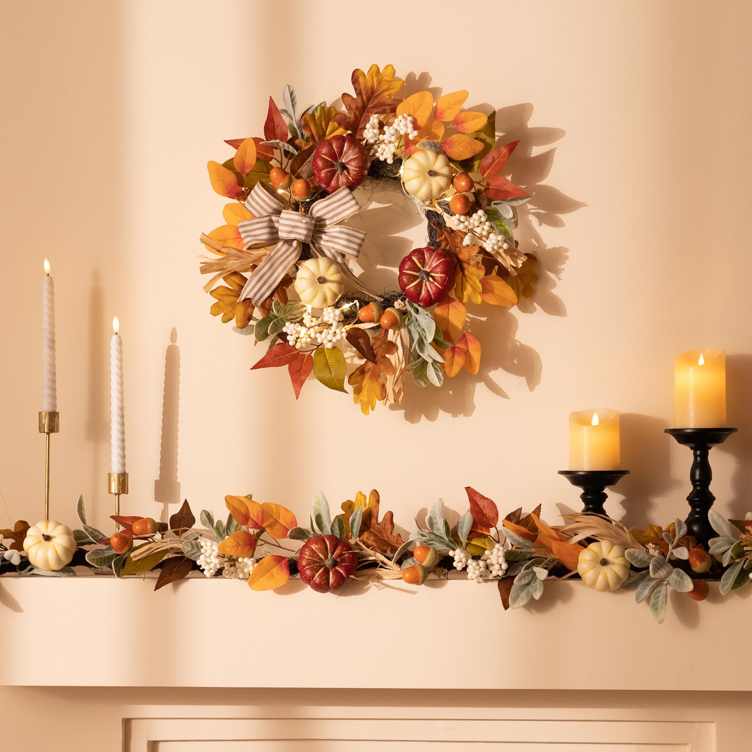 Valery Madelyn Fall Wreaths for Front Door Outside, 18 Farmhouse Autumn Door Wreath with Lights Brown Pumpkins Bow, Outdoor Fa