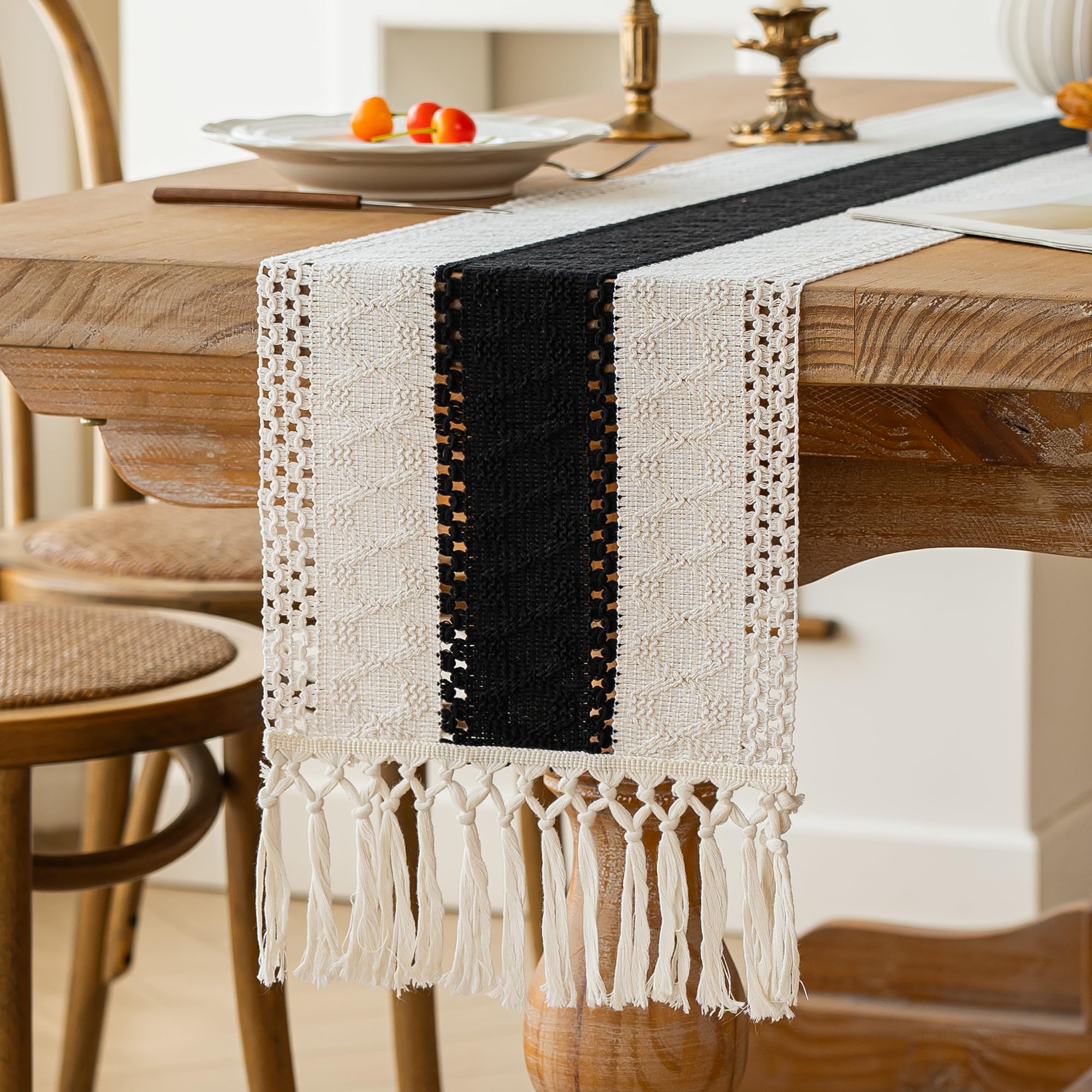 FEXIA Boho Table Runner for Home Decor with Tassels 90 Inches Long,Black Farmhouse Rustic Table Runner Macrame Burlap Table Deco