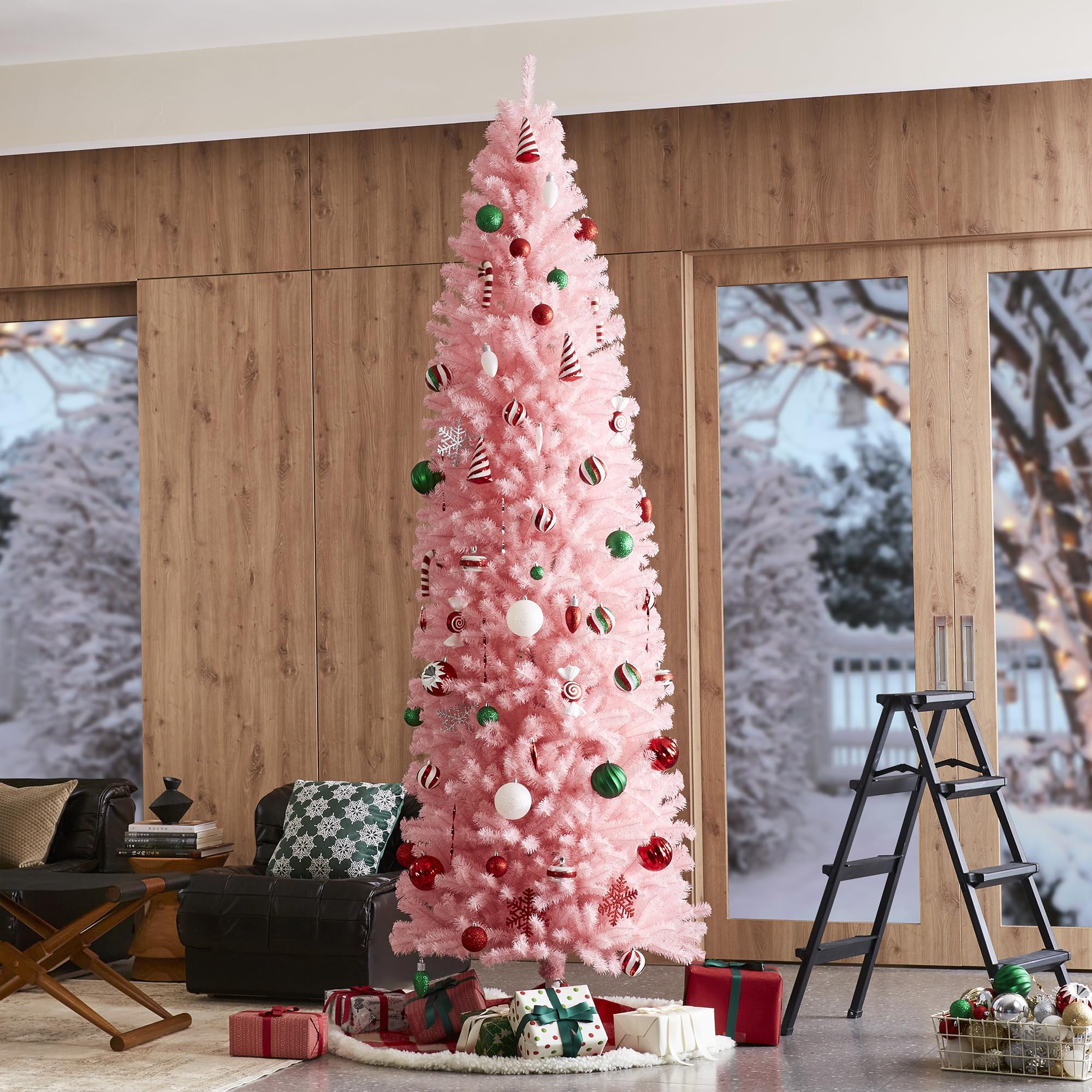 Glitzhome Pencil Tinsel Artificial Christmas Tree, 9ft Pink Christmas Tree with 1860 PVC Branch Tips and Foldable Metal Stand fo