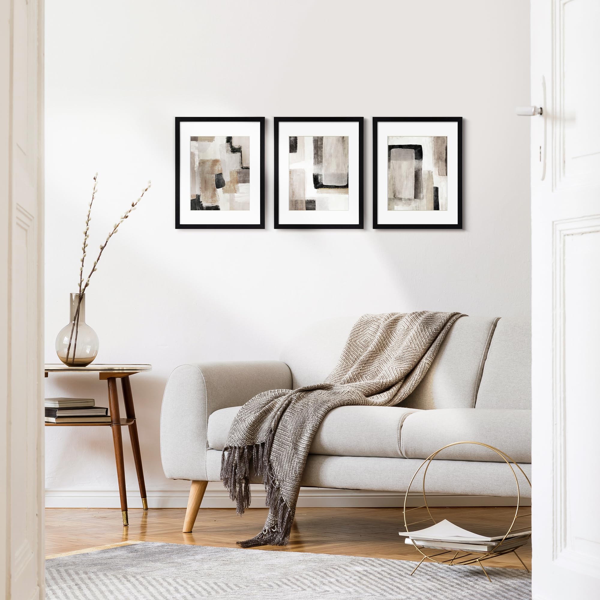 Artbyhannah 11X14 Inch Black Framed Abstract Wall Art Set Of 3 With Brown Black Tan Blocks For Wall Decor, Extra Art Prints Of B