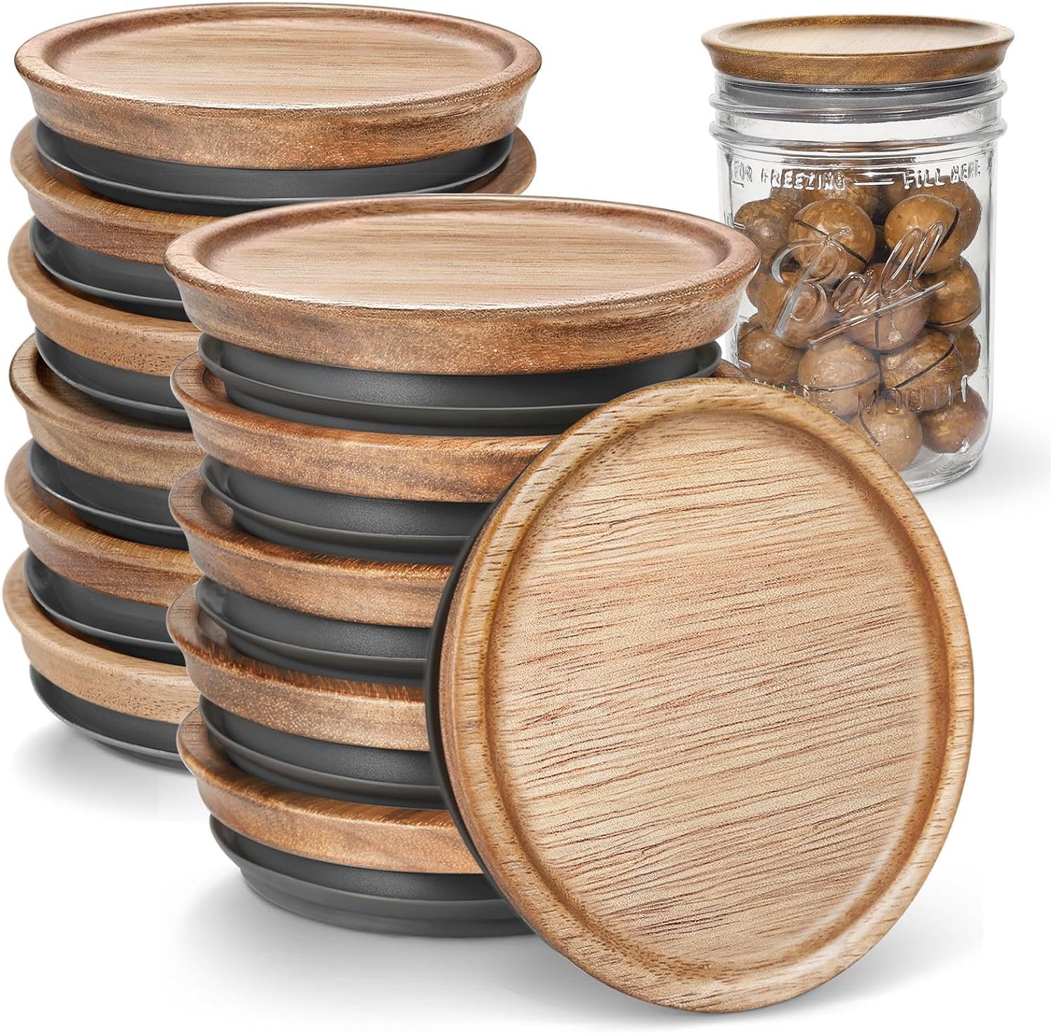 6 Regular Mouth and 6 Wide Mouth Wooden Mason Jar Lids for Ball/Mason Jars, Reusable Acacia Wood Mason Jar Lids with Airtight Si