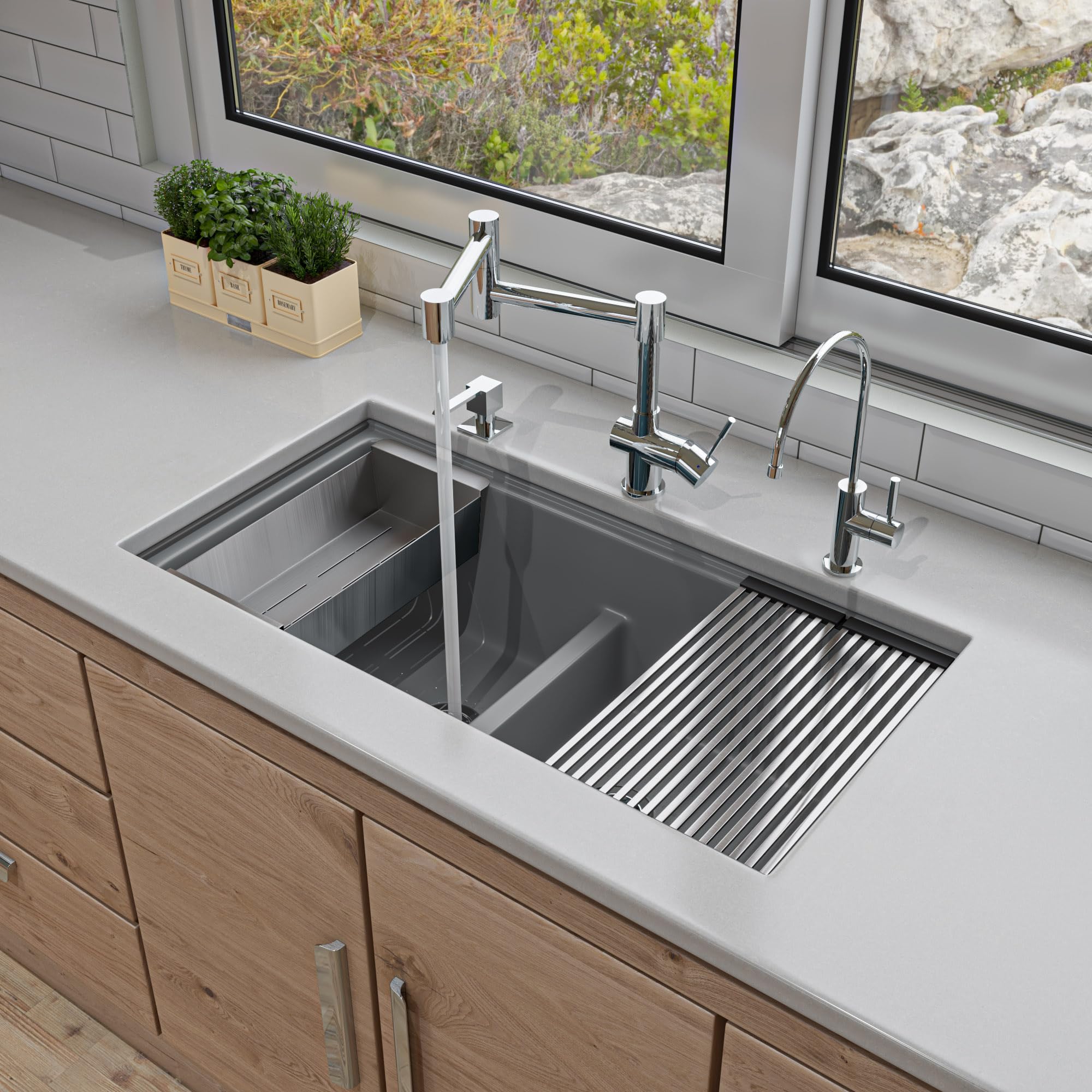 Alfi Brand Ab3418Dbum-T Titanium 33'' Granite Composite Workstation Step Rim Double Bowl Undermount Sink With Accessories
