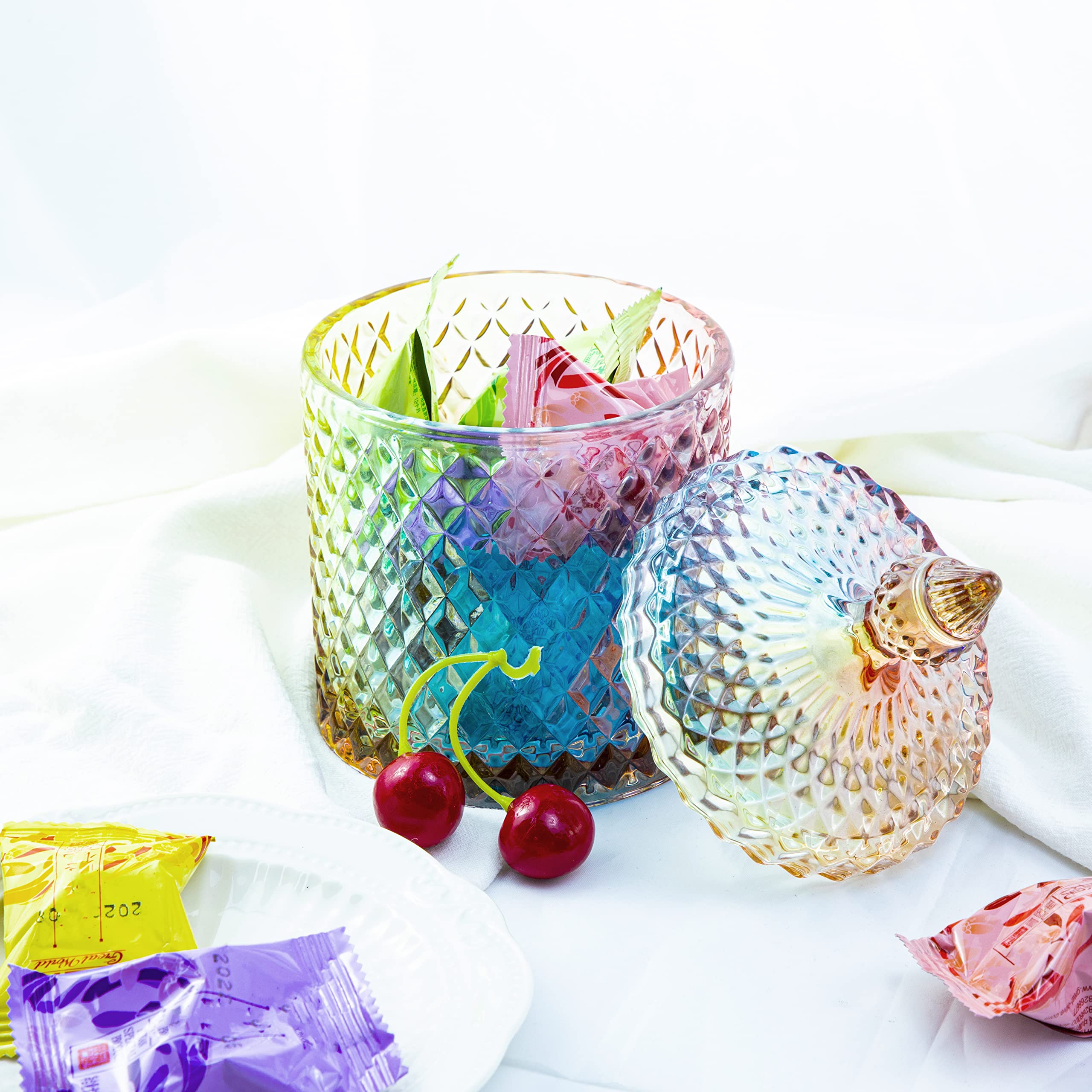 Rainie Love Home Basic Food Storage Organization Set-Colorful Crystal Diamond Faceted Jar with Crystal Lid Suitable as A Candy Dish Cookie Tin Biscuit Barrel Decorative Candy Jar-12 OZ-Small