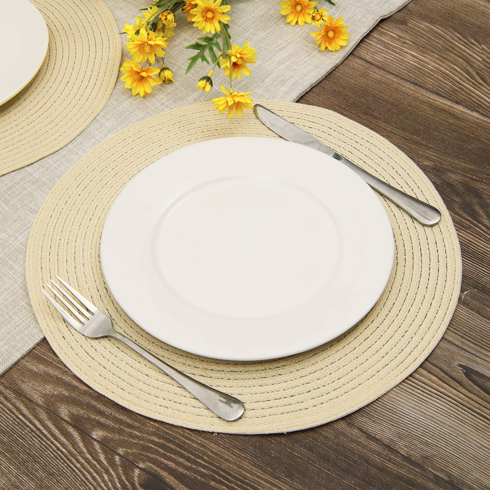 Shacos Round Braided Placemats Set Of 6 Round Table Mats For Dining Tables 15 Inch (Cream, 6)