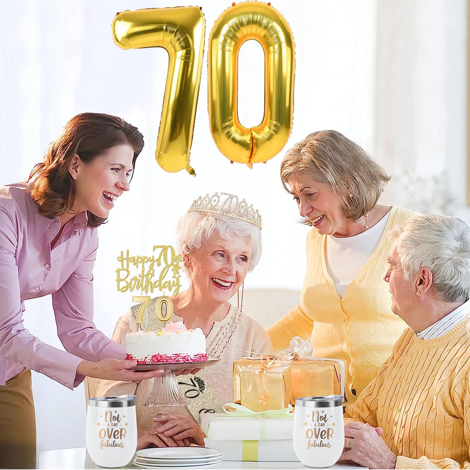 70Th Birthday Decorations For Women Gold With 70Th Birthday Sash And Tiara, 70Th Birthday Cake Topper And Birthday 70 Candles, B