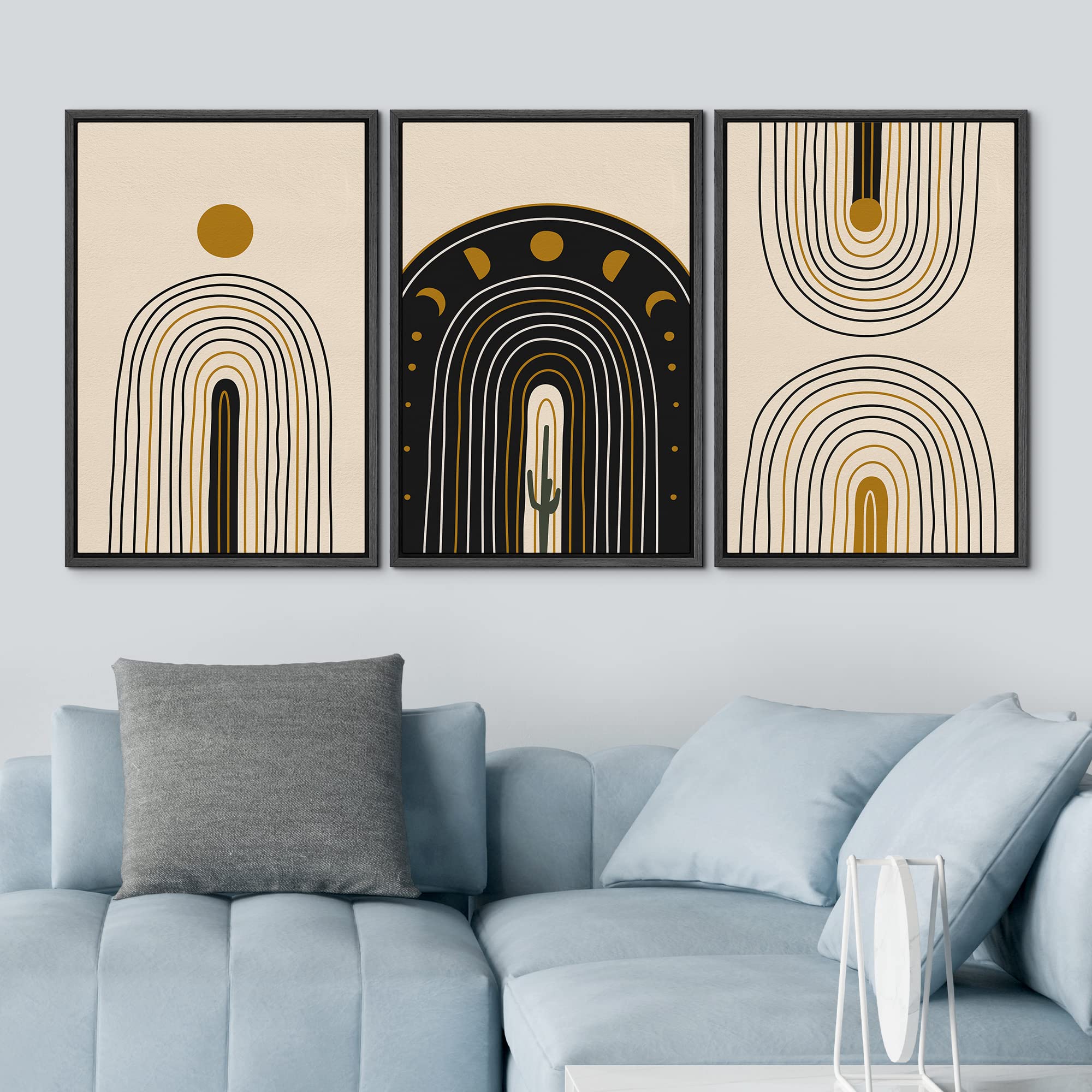 Idea4Wall Framed Canvas Print Wall Art Set Mid-Century Moon Geometric Landscape Abstract Shapes Illustration Modern Art Decorati