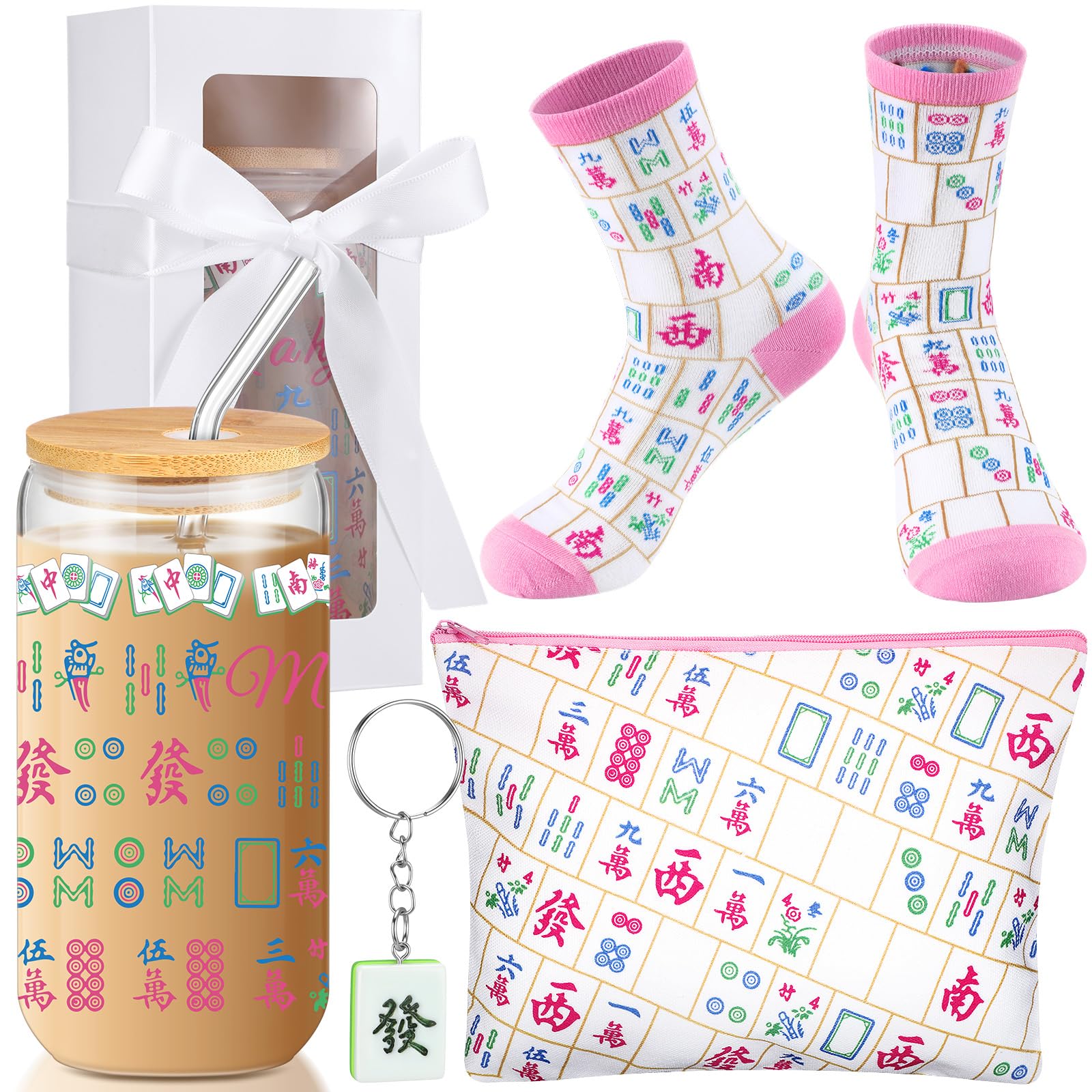 Blushtier 5 Pcs Mahjong Gifts Set 16 oz Glass Cup with Lids and Straws Gift Boxes with Clear Window Makeup Bag Keychain Novelty 