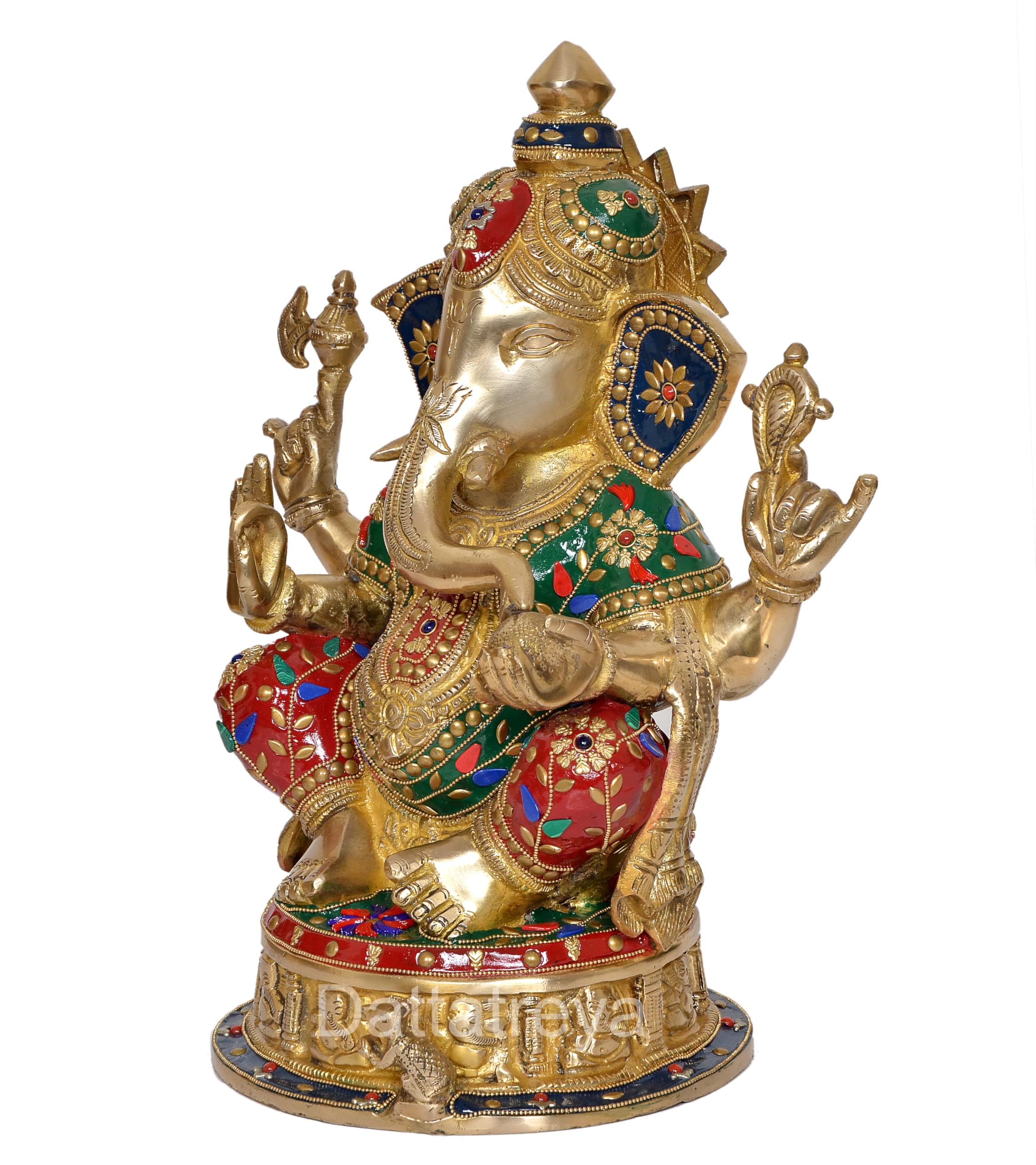 Dattatreya Brass Ganesh Statue - Handcrafted Lord Ganesha Idol For Home Decor And Pooja - Hindu God Ganapati Figurine (Height 14