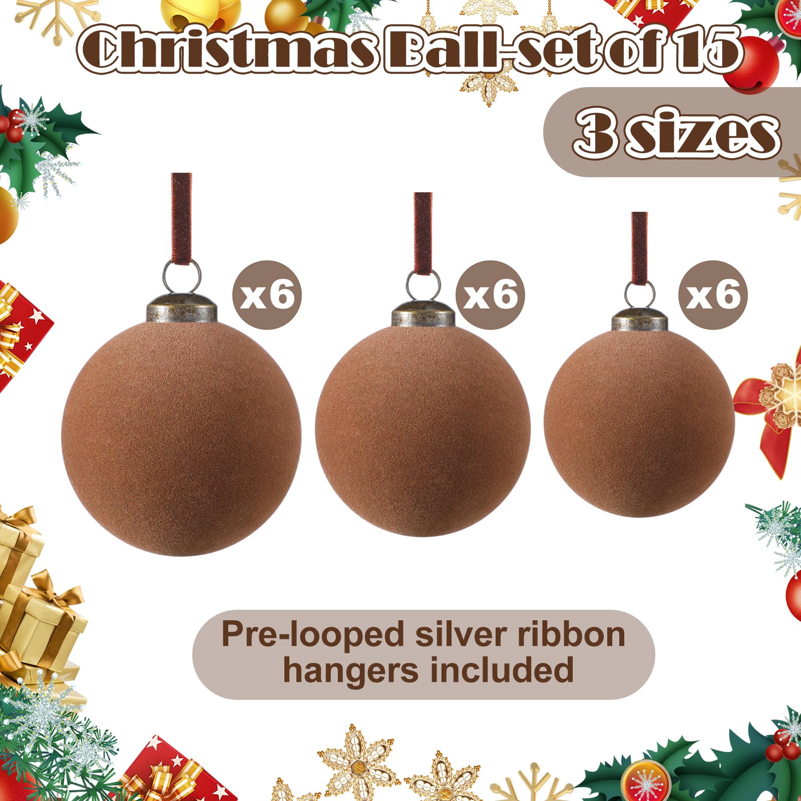 Foilswirl 18 Pcs Velvet Christmas Balls Bulk 3.15, 2.76, 2.36 Inch, Flocked Xmas Tree Ball Ornaments Plastic Velvet Christmas Or