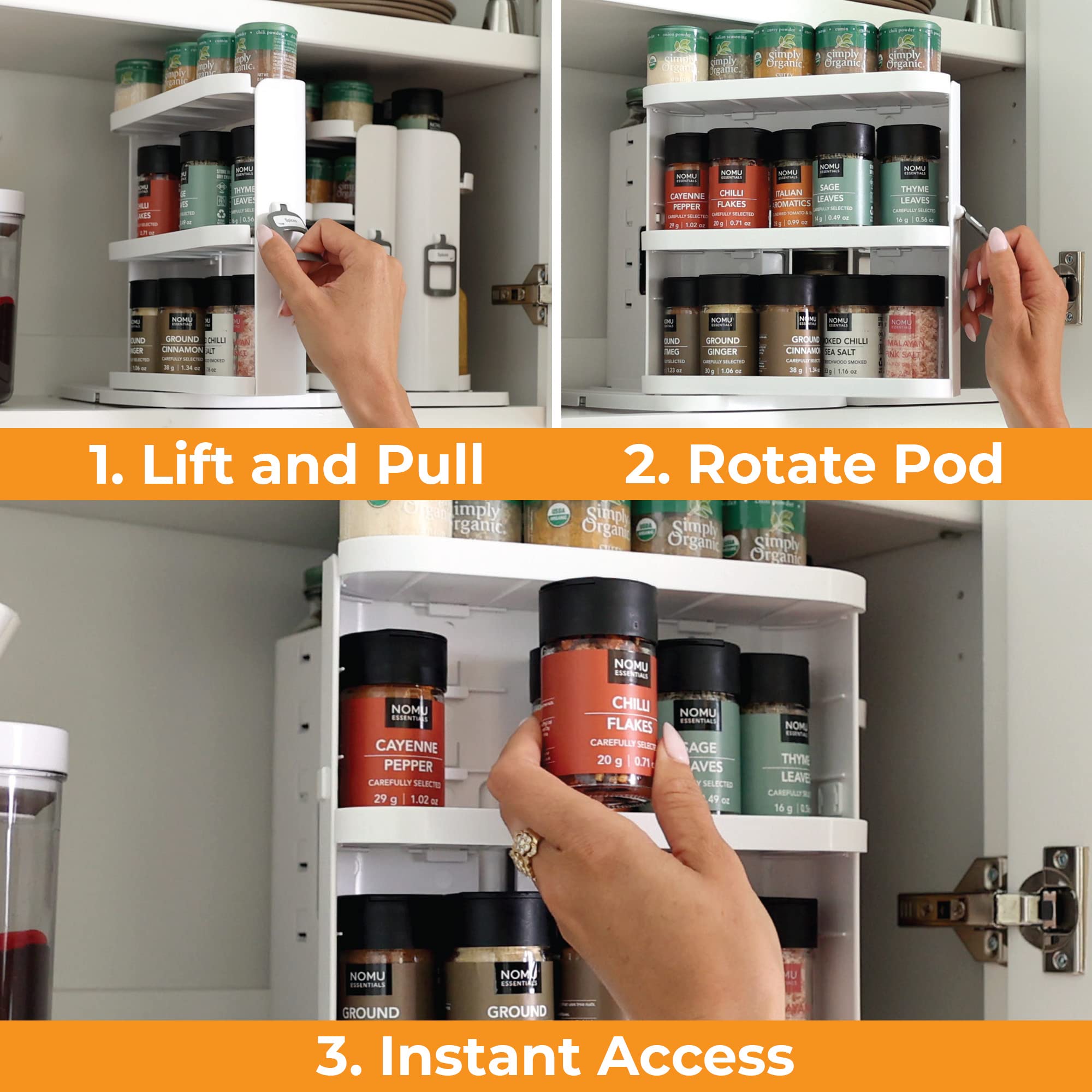 Cabinet Caddy SNAP! Sliding Spice Rack Organizer for Cabinet - Pull & Rotate Seasoning Organizer - 3 Snap-In Adjustable Shelves