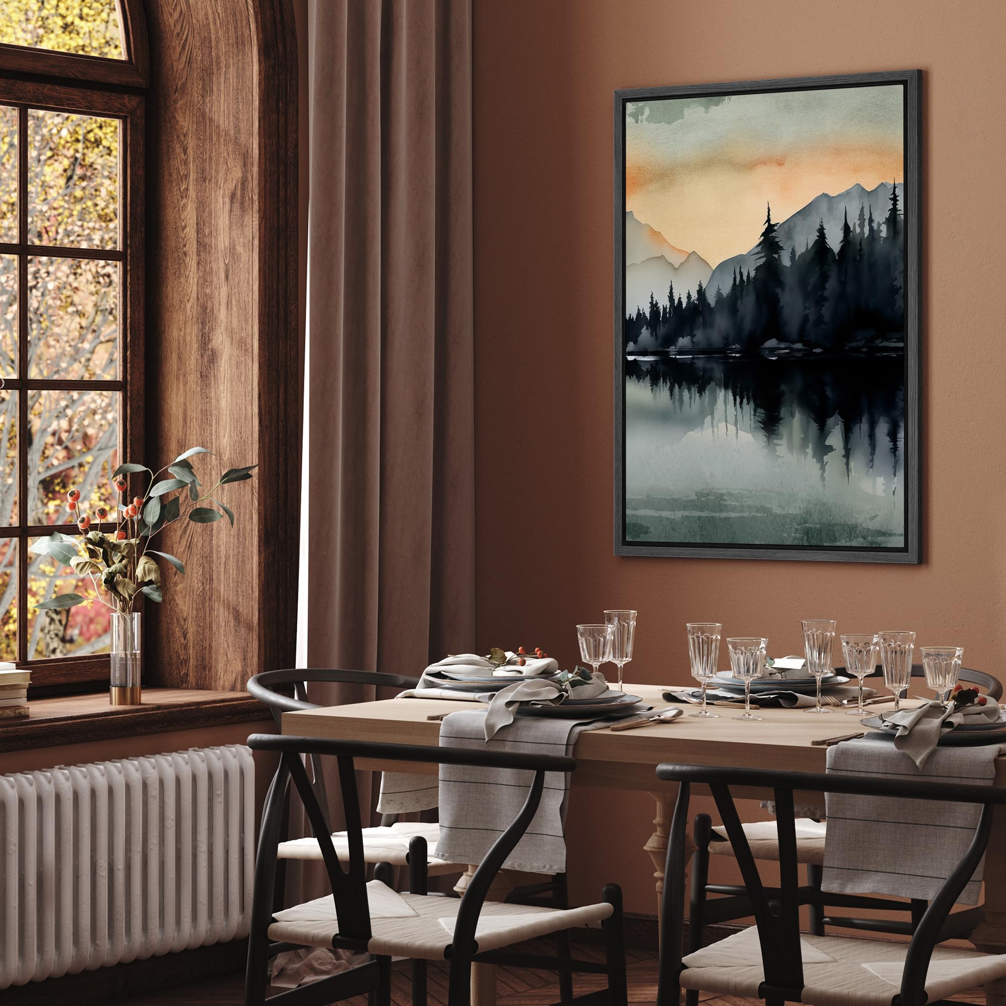 Signford Framed Canvas Print Wall Art Waters And Forest Silhouette Nature Wilderness Illustrations Modern Art Decorative Rustic