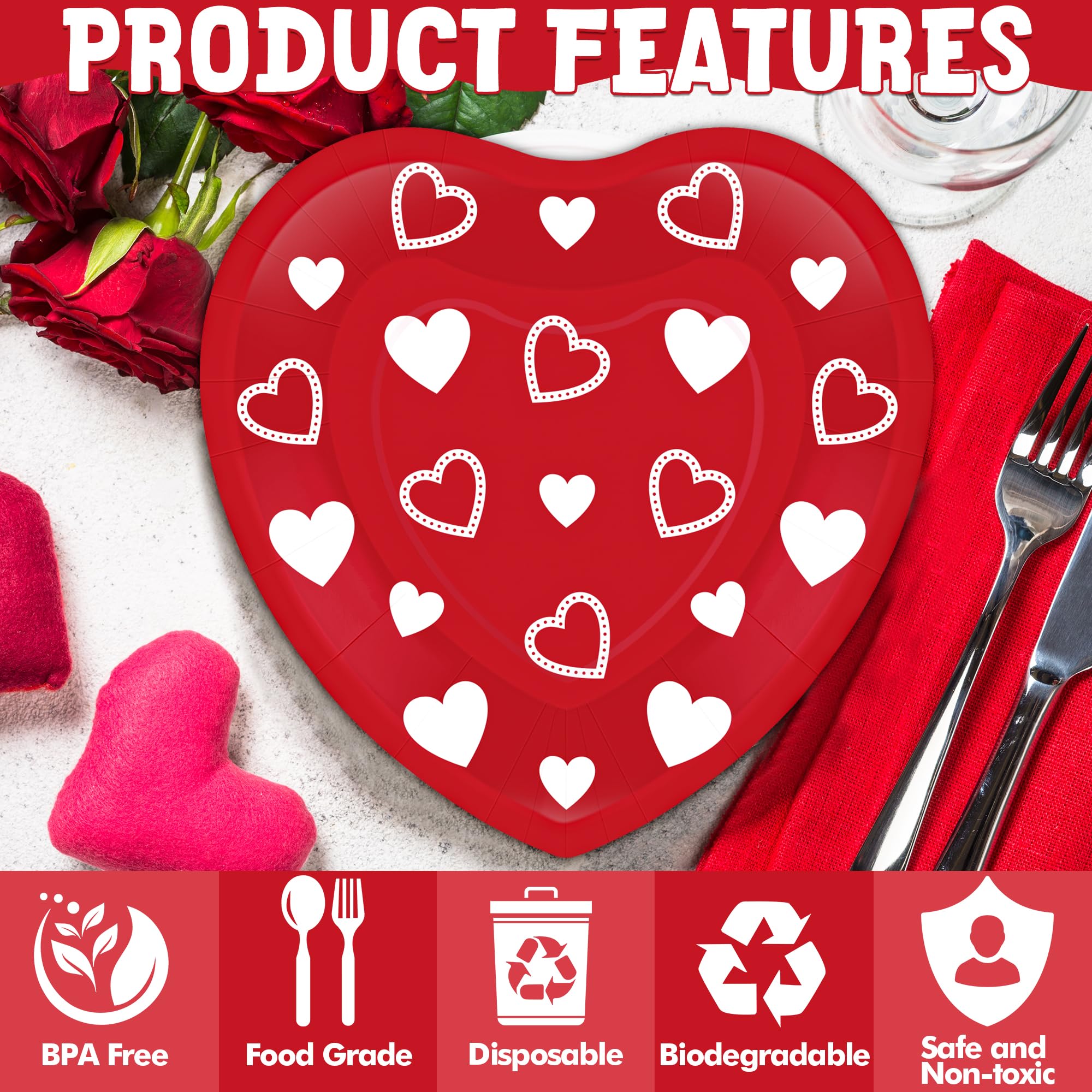 Qzyl 48 Pcs Valentines Plates, 9 In Disposable Heart Shaped Plates, Red Pink Heart Design Heart Plates Valentines Paper Plates,