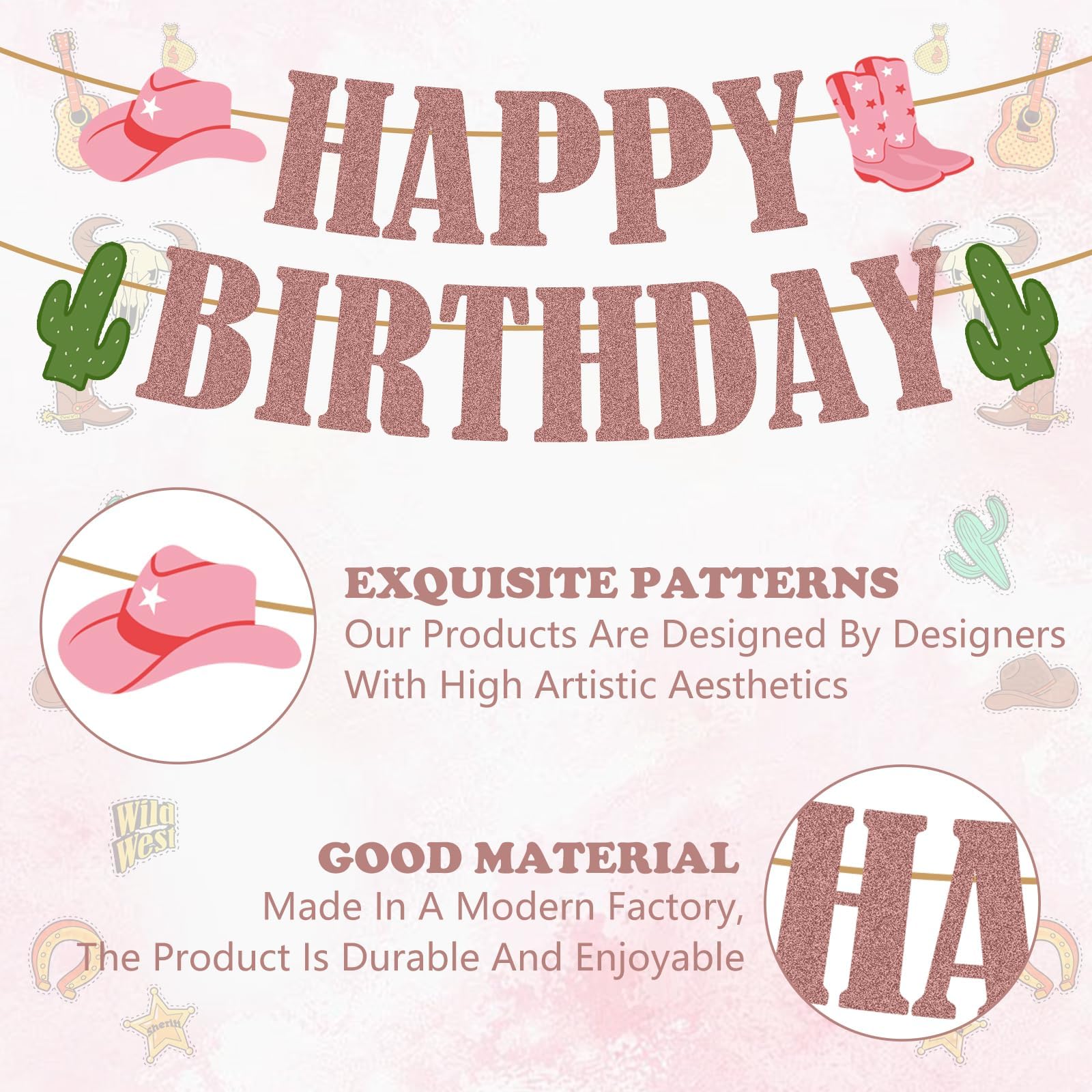 Western Birthday Party Decorations, Cowboy Party Decorations Happy Birthday Banner Glitter Western Party Decors Hanging Banner C