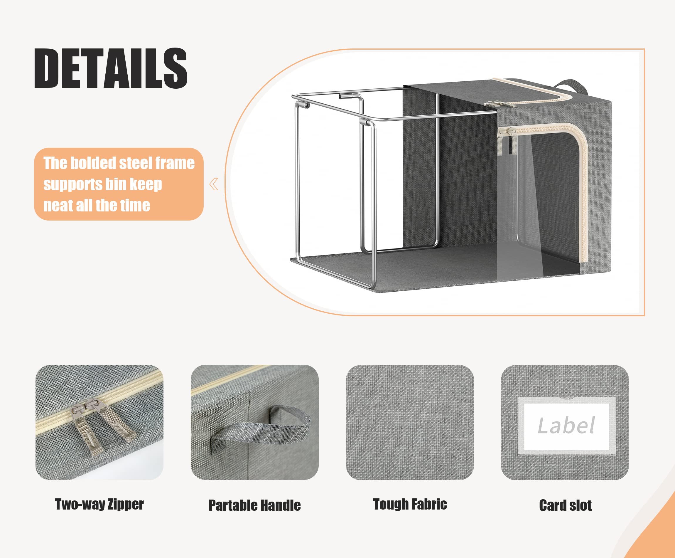 3 Opeings Large Clothes Storage Bins with Metal Frame, Foldable Storage Bin for Clothes, Clothing Storage Bins with Lid, Linen S