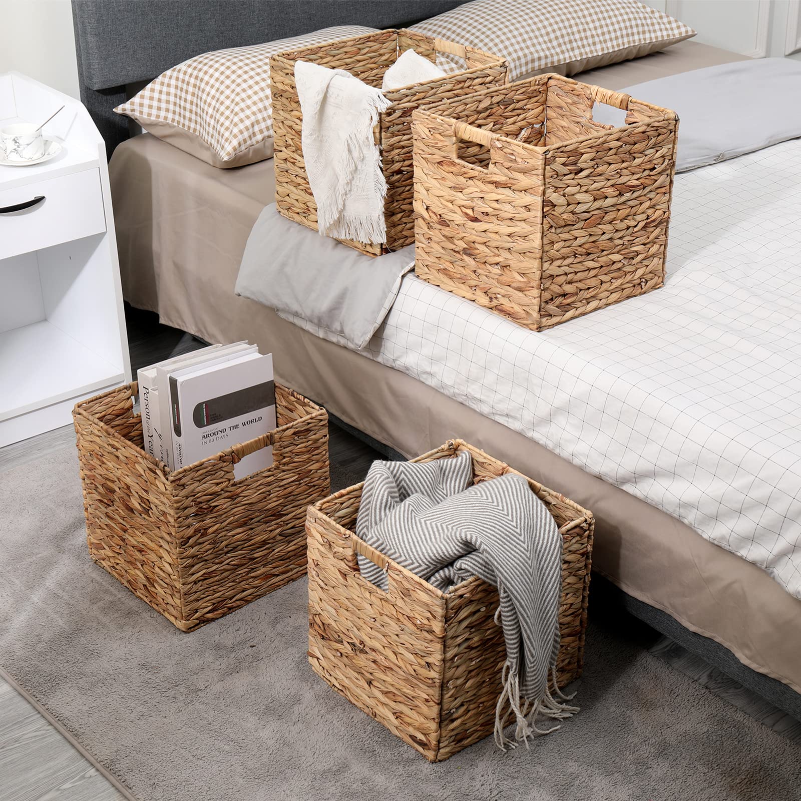 Jcld&Yo9 Foldable Handwoven Water Hyacinth Storage Baskets Wicker Cube Baskets Rectangular Laundry Organizer Totes,Set Of 4 Pcs,