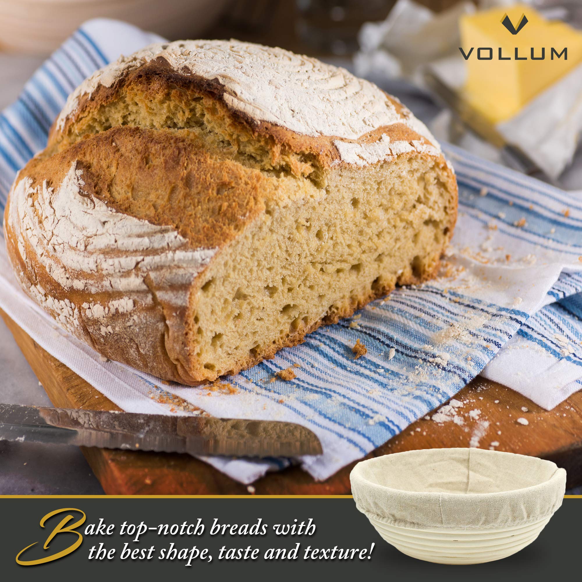 Vollum Bread Proofing Basket Banneton Baking Supplies For Beginners & Professional Bakers, Handwoven Rattan Cane Bread Maker Wit