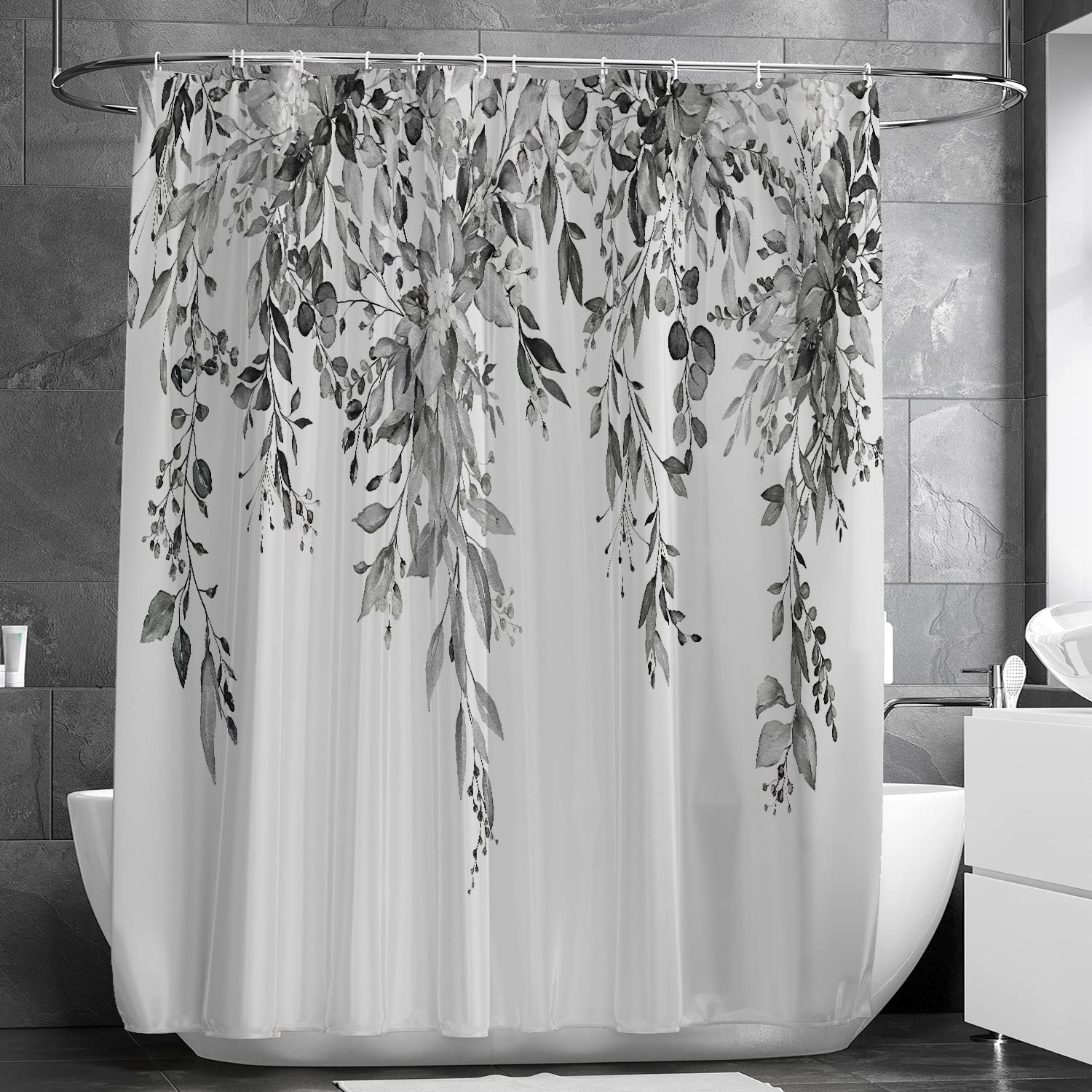 Nuseiis Black and White Eucalyptus Leaves Shower Curtain 72 x 72  Fabric Gray Shower Curtain Sets  Floral Plant Bathroom Curtain Decor with Hooks
