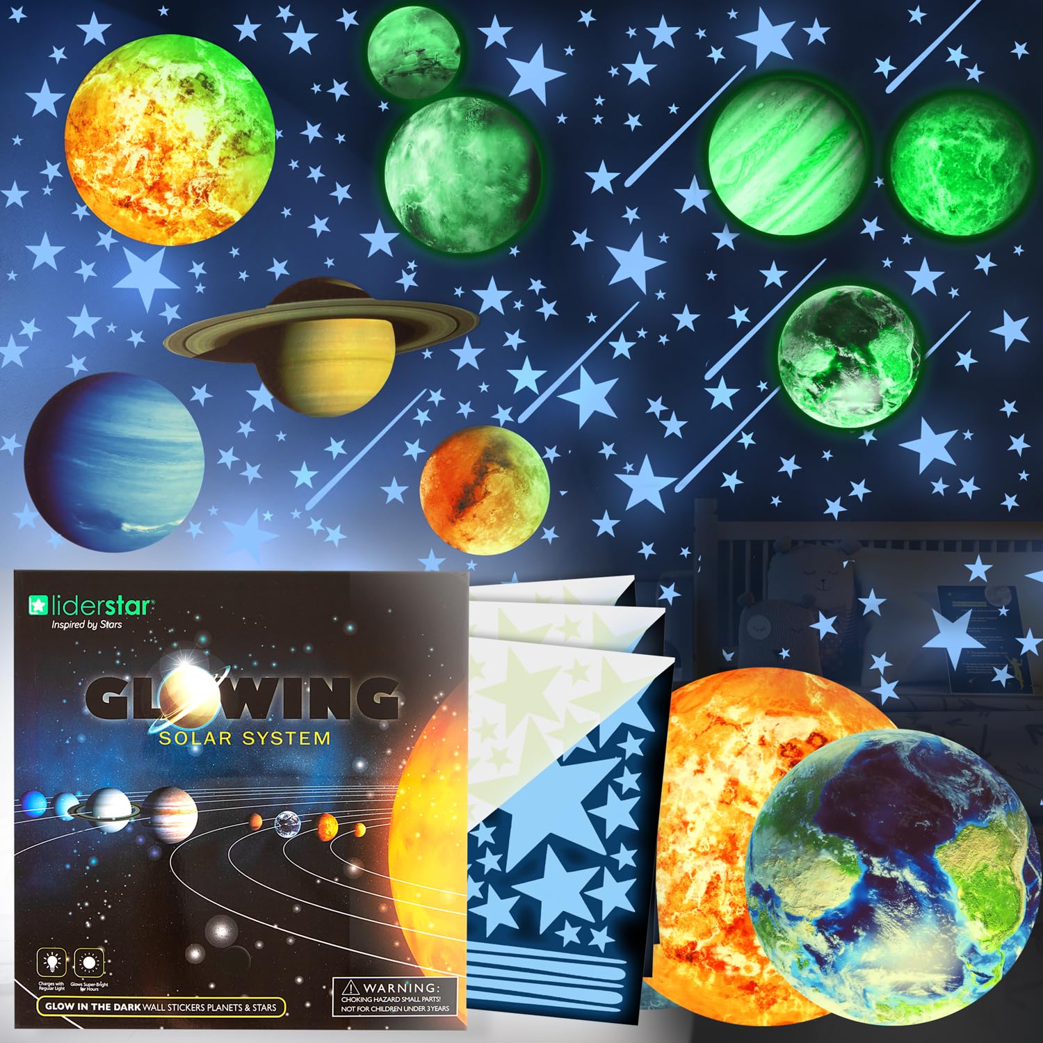 Glow In The Dark Stars And Planets, Bright Solar System Wall Stickers -Glowing Ceiling Decals For Kids Bedroom Any Room,Shining