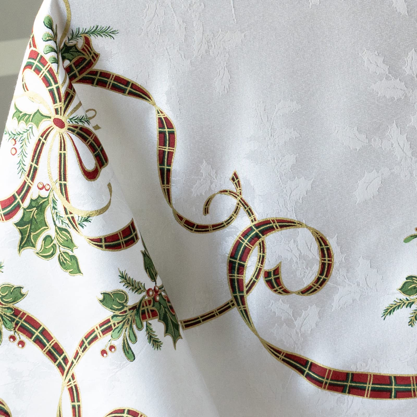 Benson Mills Merry Ribbons Engineered Printed Jacquard Fabric Christmas Table Cloth  Elegant Christmas Tablecloth for All Holiday and Winter (60'' x 84'' Rectangular)