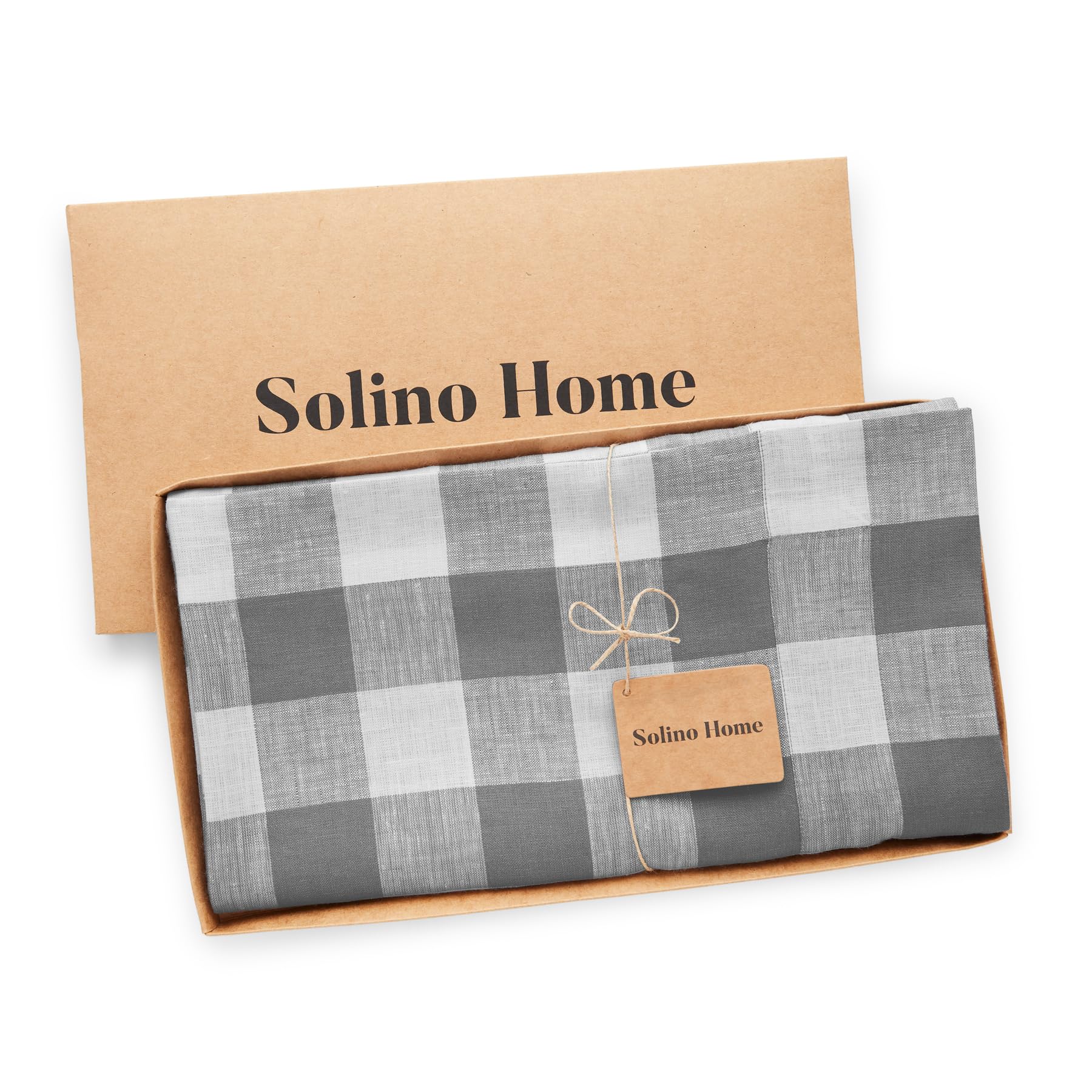 Solino Home Buffalo Check Linen Tablecloth 90 ''L X 60 ''W Inch - 100% Pure Linen Grey And White Table Cloth For Rectangle Table
