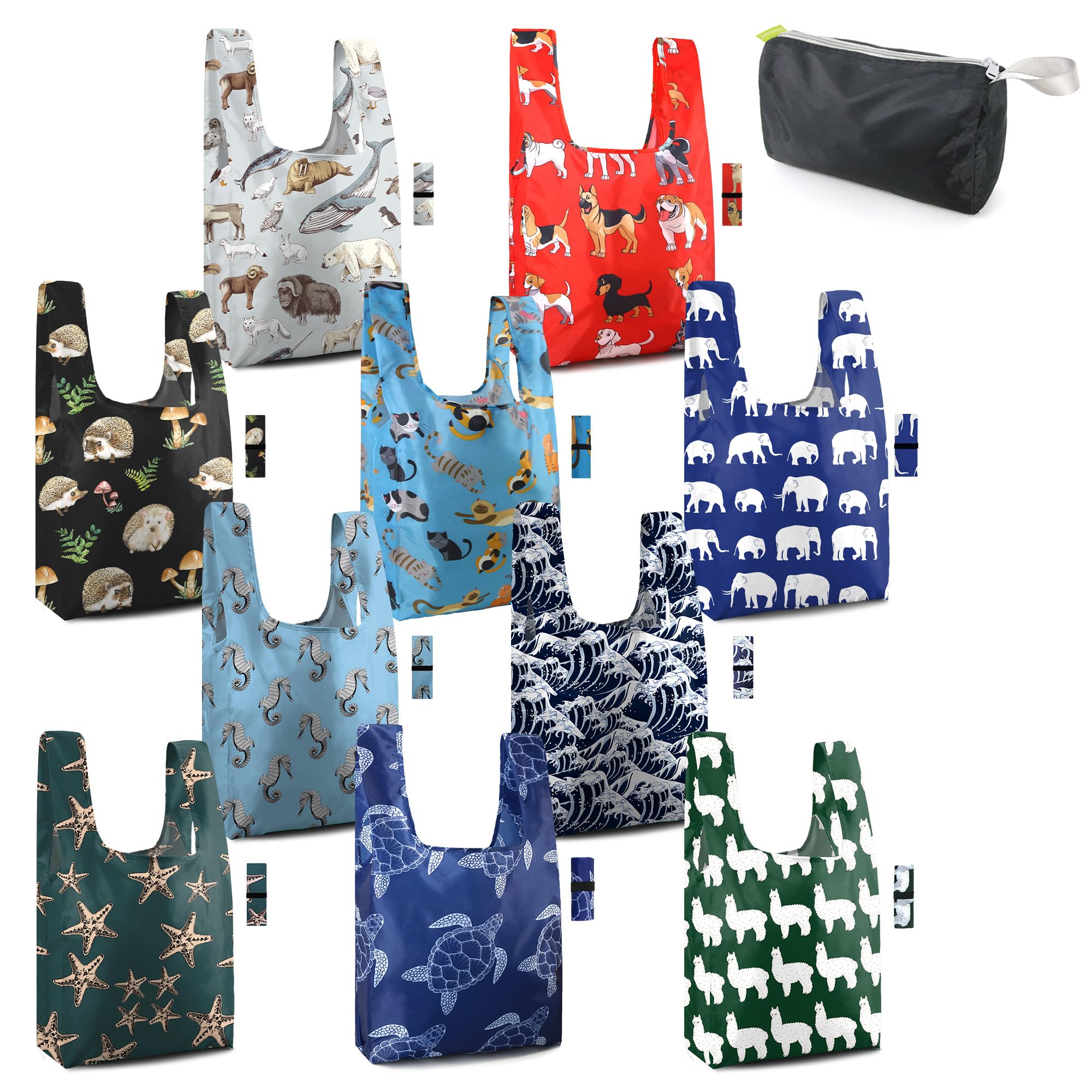 BeeGreen Reusable Grocery Bags Bulk Gifts 10-Pack - Large Tote with Zipper Pouch | Foldable & Washable Polyester Shopping Bags H