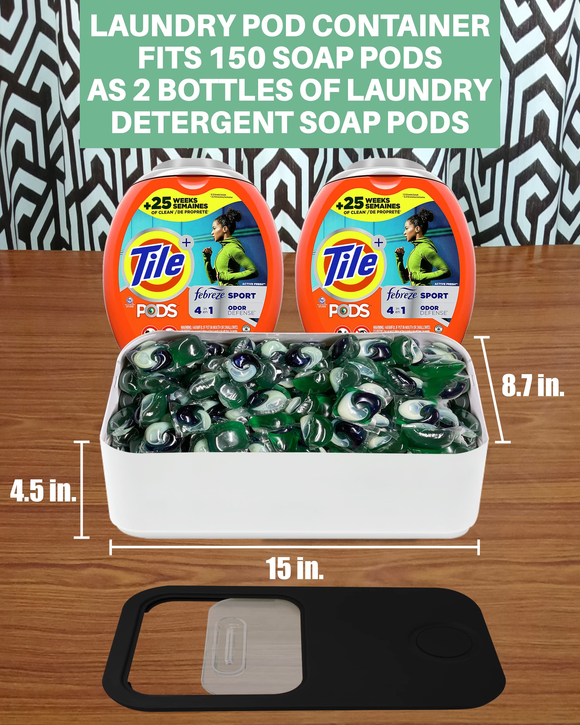 Skywin Laundry Pod Container With Slide Lid (Black) - 15   X8.7   X4.5   - Holds 11 Pounds, Fits 2 Bottles Of Laundry Detergent