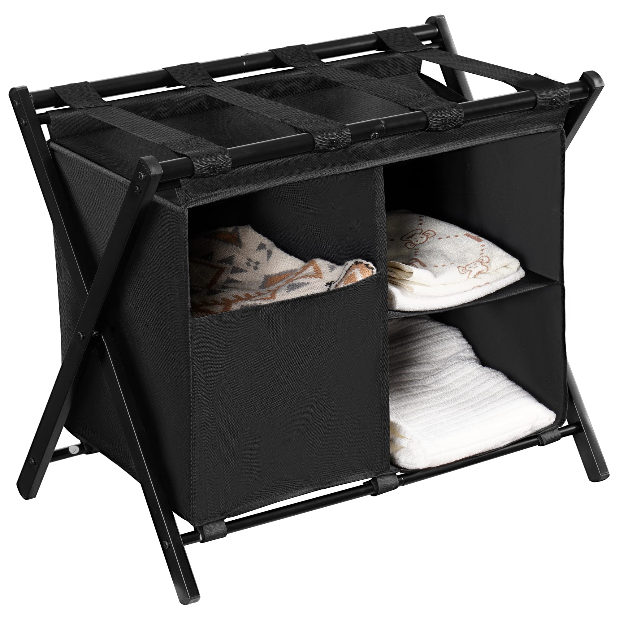 Heybly Luggage Rack With Laundry Bag,Pack Of 2,Steel Folding Suitcase Stand With Storage Shelf For Bedroom, Hotel, Foldable Stee