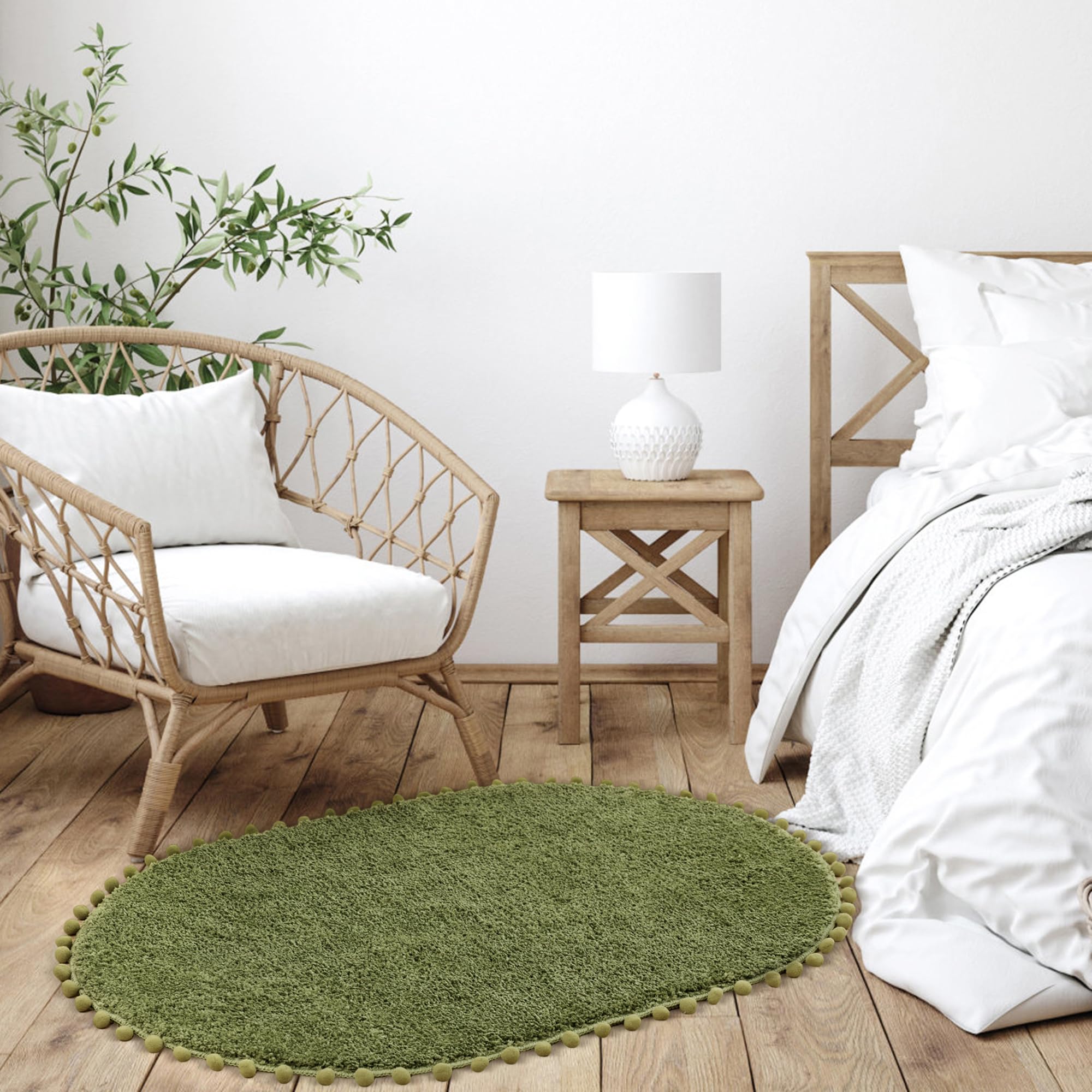 Yirddeo Bath Mat Olive Green Oval Rug With Pom Bathroom Rugs For Bedroom Non Slip Cute Boho Absorbent Mats Soft Plush Washable R