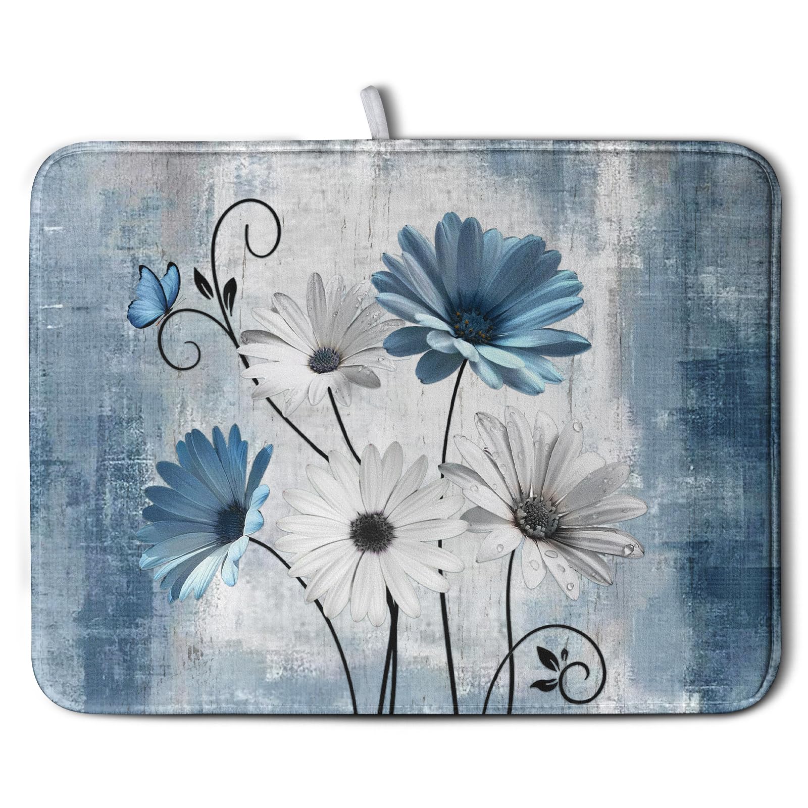 Dish Drying Mat for Kitchen Counter 18x24 Inch Blue Grey Daisy Drying Pads Rustic Vintage Floral Dish Dry Mat Microfiber Absorbe