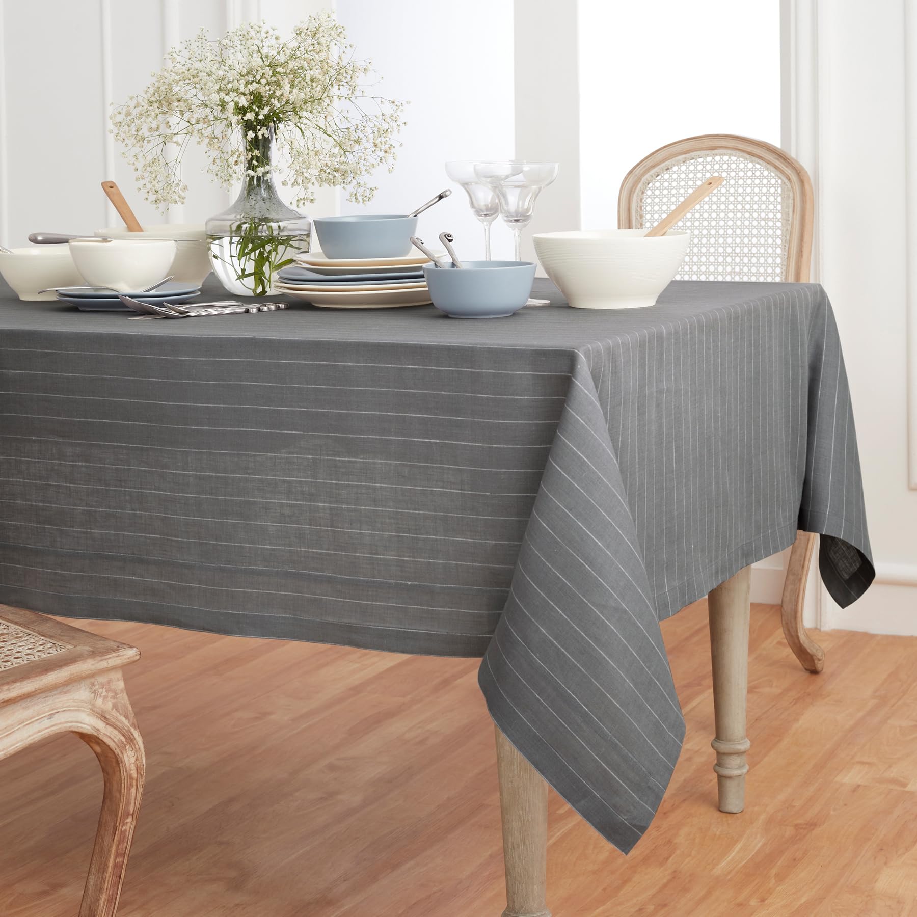 Solino Home Pinstripe Linen Tablecloth 108'' L X 60'' W Inch - 100% Pure Linen Grey And White Tablecloth For Spring, Easter - Ha