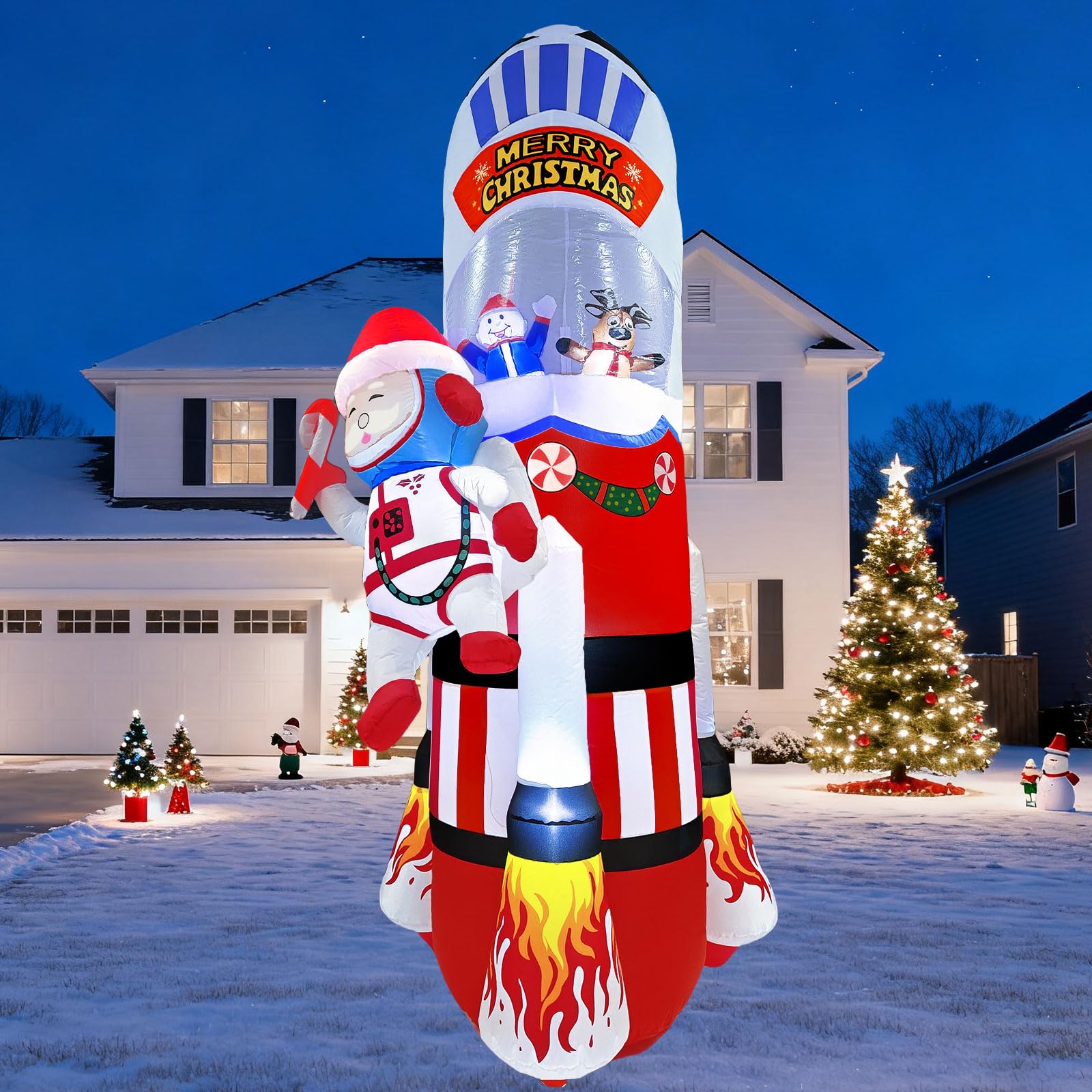 UoVeHoin 8FT Christmas Inflatables Space Outdoor Decorations, Blow Up Santa Claus Snowman Reindeer Rocket Yard Decoration Built-
