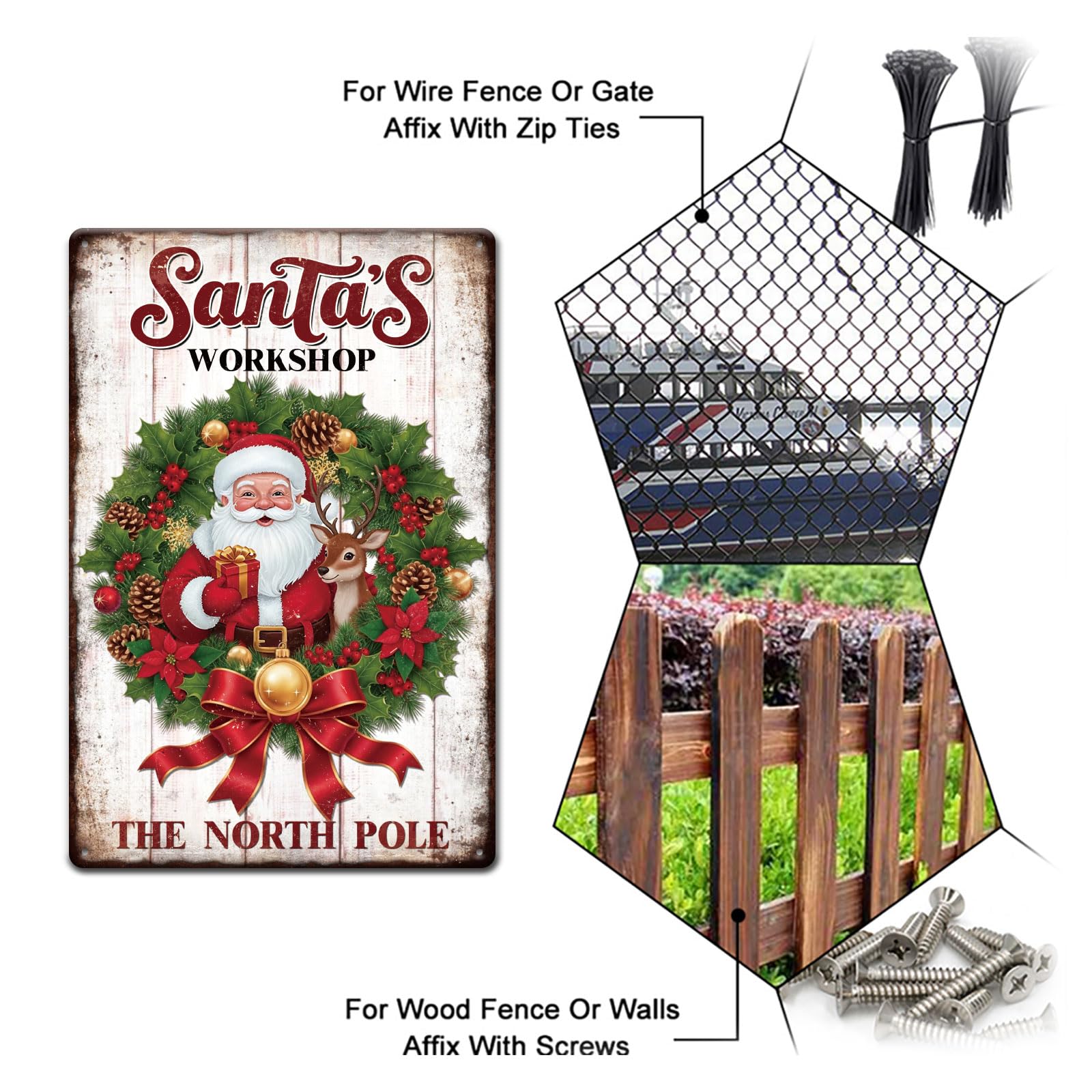 GLOBLELAND Christmas Santa Claus Wreath Metal Tin Sign 8x12in Santa's Workshop Tin Sign Wall Poster Plaque for Living Room Chris