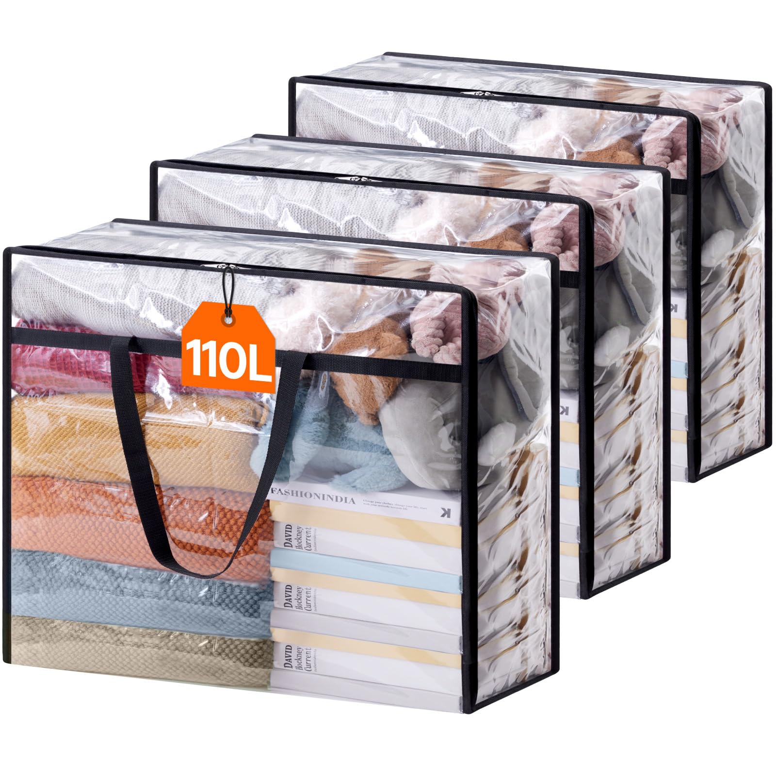Lifewit 110L Large Clear Clothes Storage Bags, 3 Pack Plastic Vinyl Foldable Moving Bags with Zipper, Closet Organizers and Stor