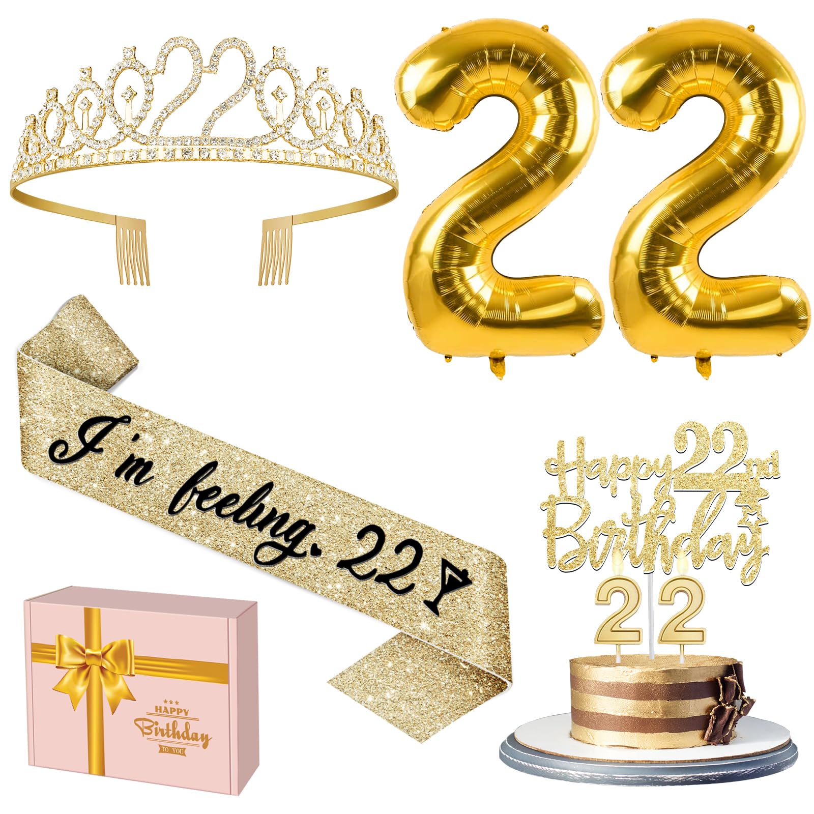 22 Birthday Decorations For Women With 22Nd Birthday Sash And Crown, 22Nd Birthday Cake Topper And Candles, 22 Birthday Balloon