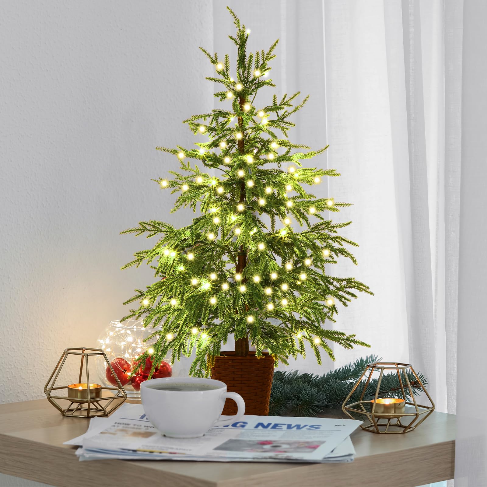 Cinnvoice Norfolk Pine Tree Set of 3 Pre-lit Artificial Christmas Trees 2ft 3ft 4ft Green with Woven Basket Base