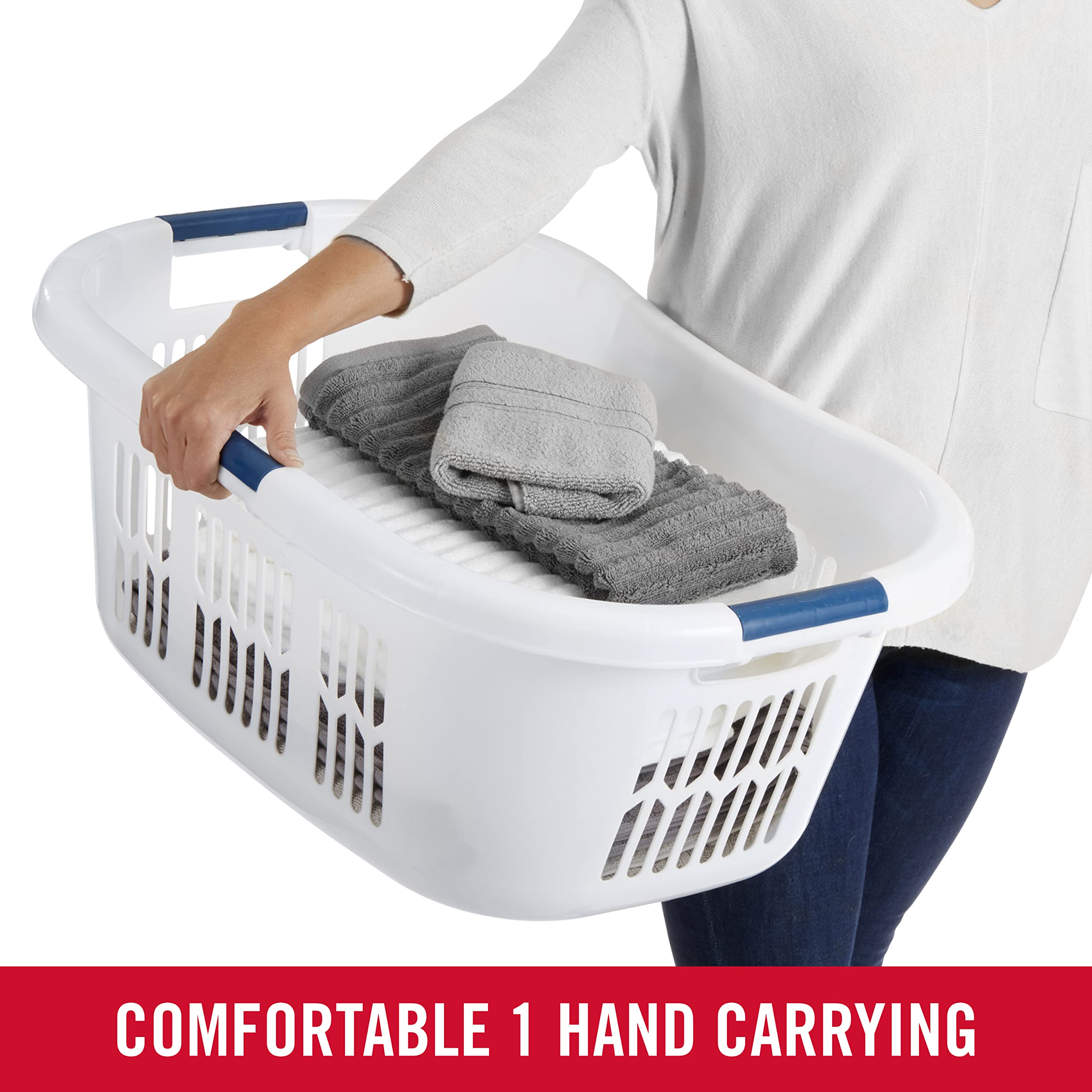 Rubbermaid Large Hip-Hugger Laundry Basket/Hamper, 1.5-Bushel, White, Stackable Storage Bin/Organizer For Bathroom/Bedroom/Dorm/