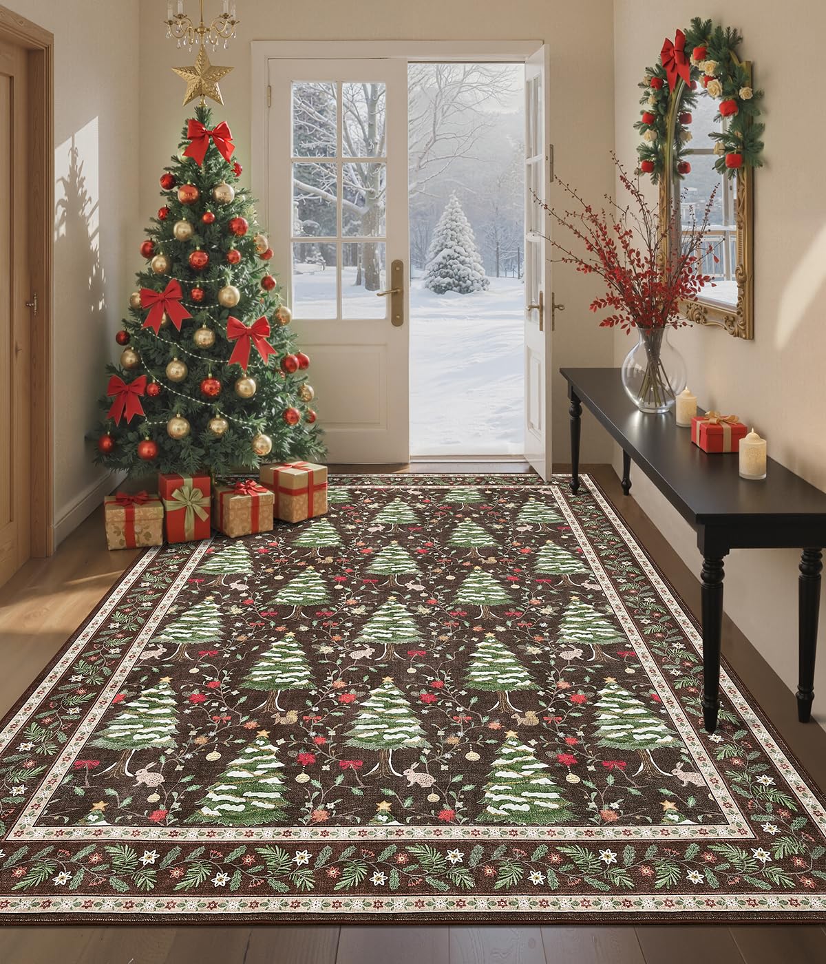 GarveeHome Christmas Rug 5x7 Washable Soft Stain Resistant for Bedroom Living Room Nursery Office Christmas Tree Animals Print H