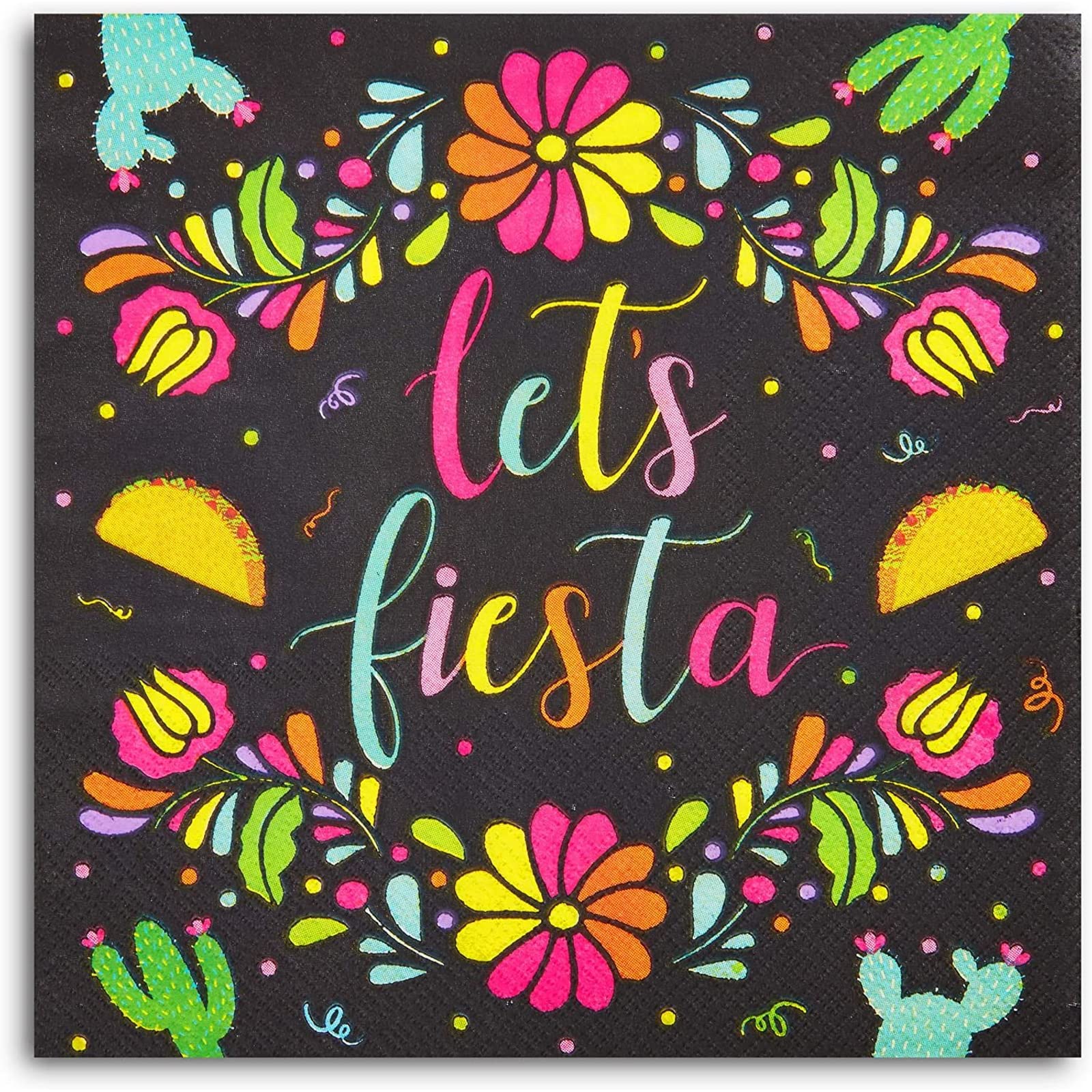 Sparkle And Bash 100 Pack Let'S Fiesta Party Napkins For Kids Birthday, Cinco De Mayo Decorations (Black, 6.5 Inches)