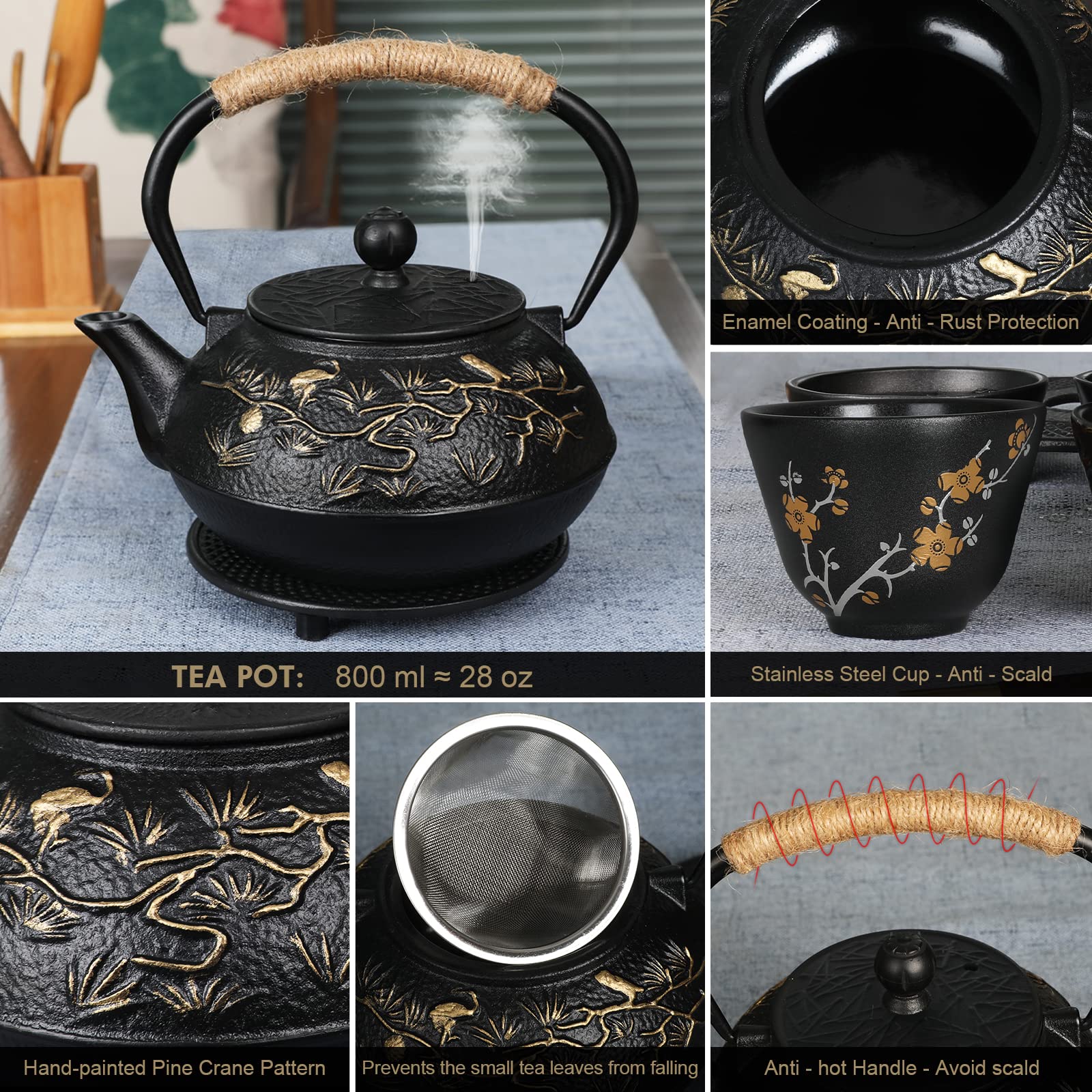 RekRang Cast Iron Teapot Set, 800ml Japanese Tetsubin Kettle with 4 Cups, Pine Crane Design, Removable Infuser and Trivet