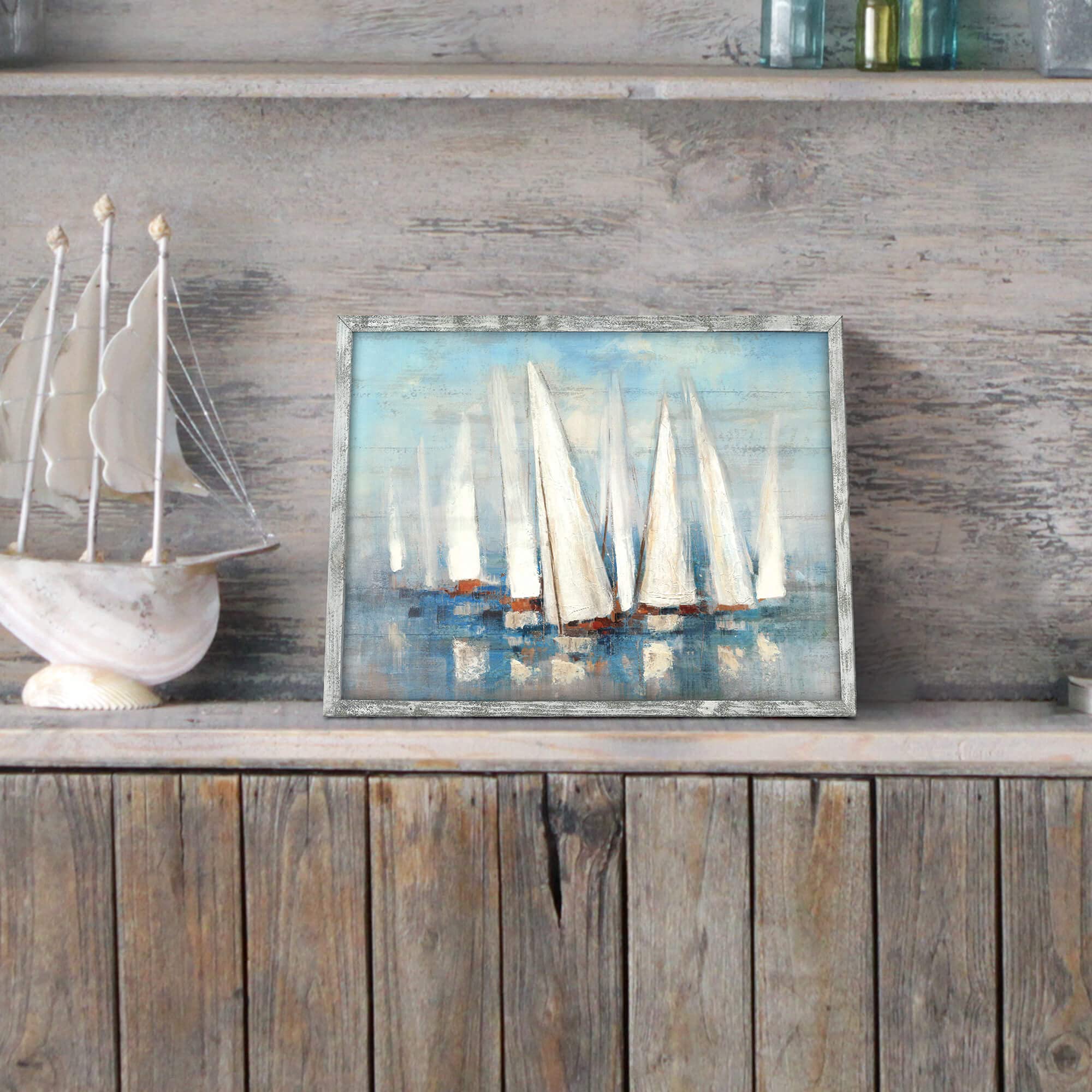 Seascape Framed Painting Wall Art: Abstract Ocean Artwork Coastal Picture Sailboat Prints On Wood In Modern Style For Home Decor