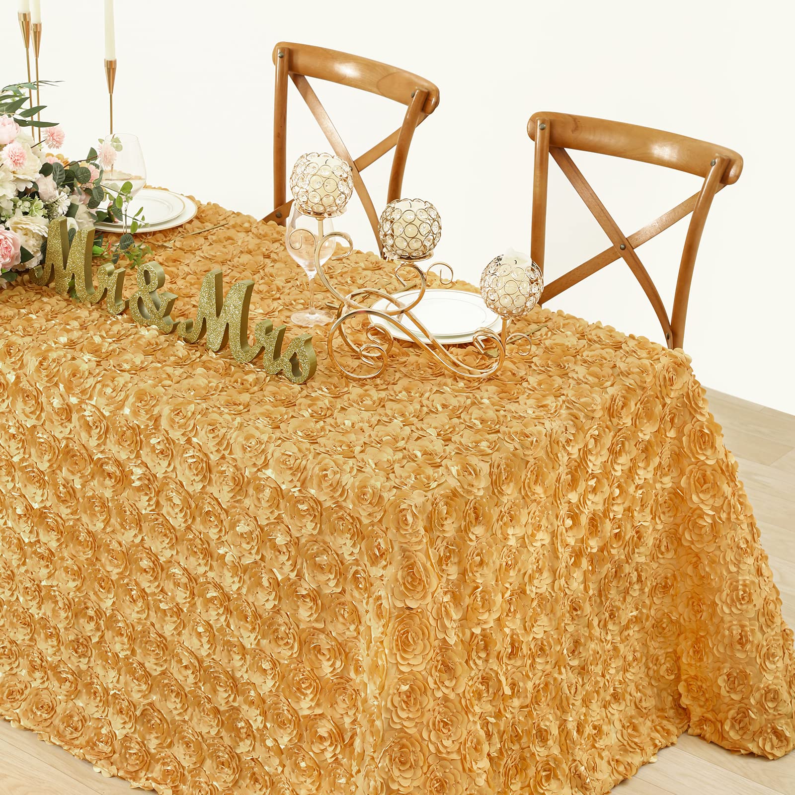 Fanqisi 3D Floral Satin Rectangular Tablecloth 90X132 Inches Gold Rosette Tablecloths For Wedding Party Baby Shower Dinner Table