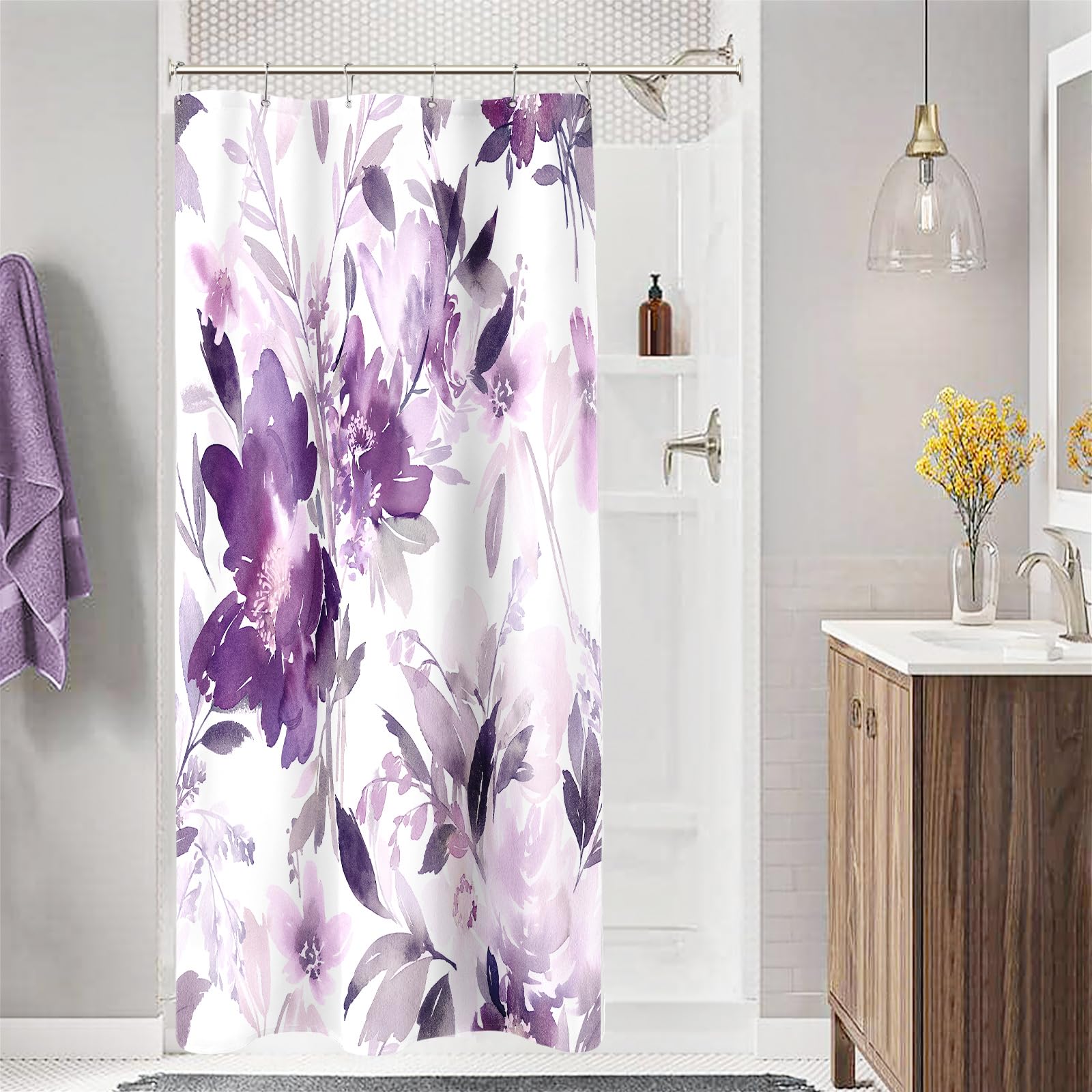 Mayzus Small Stall Shower Curtain 36 X 72 Inch, Half Narrow Watercolor Floral Fabric Shower Curtain, Modern Abstract Purple Flow