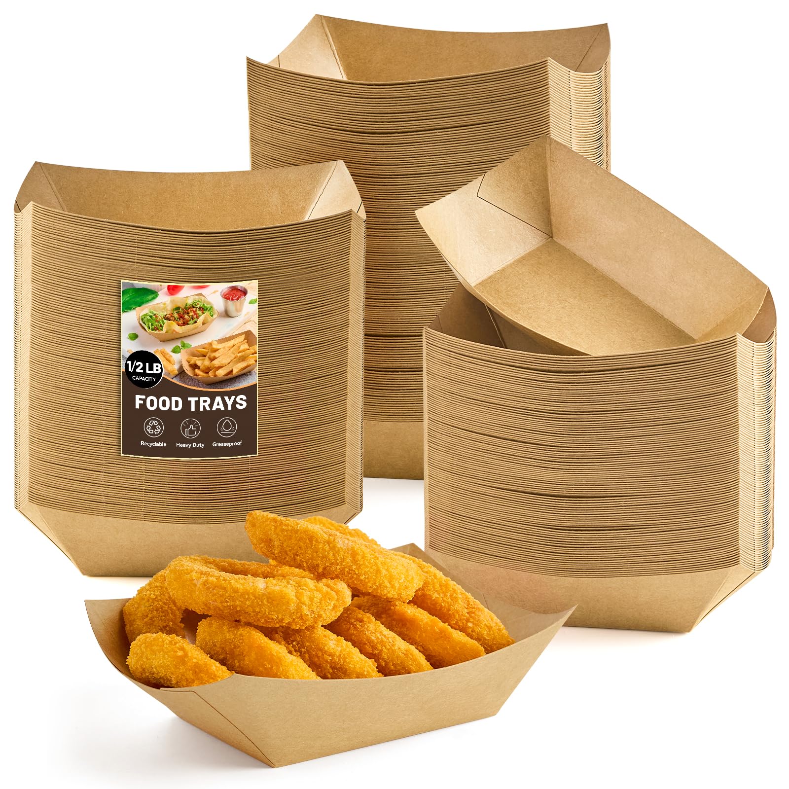 ZORRITA 1/2 Lb Small Paper Food Trays, 120 Pack Disposable Food Boats Mini Brown Paper Serving Baskets for Party Nachos Fries Ta