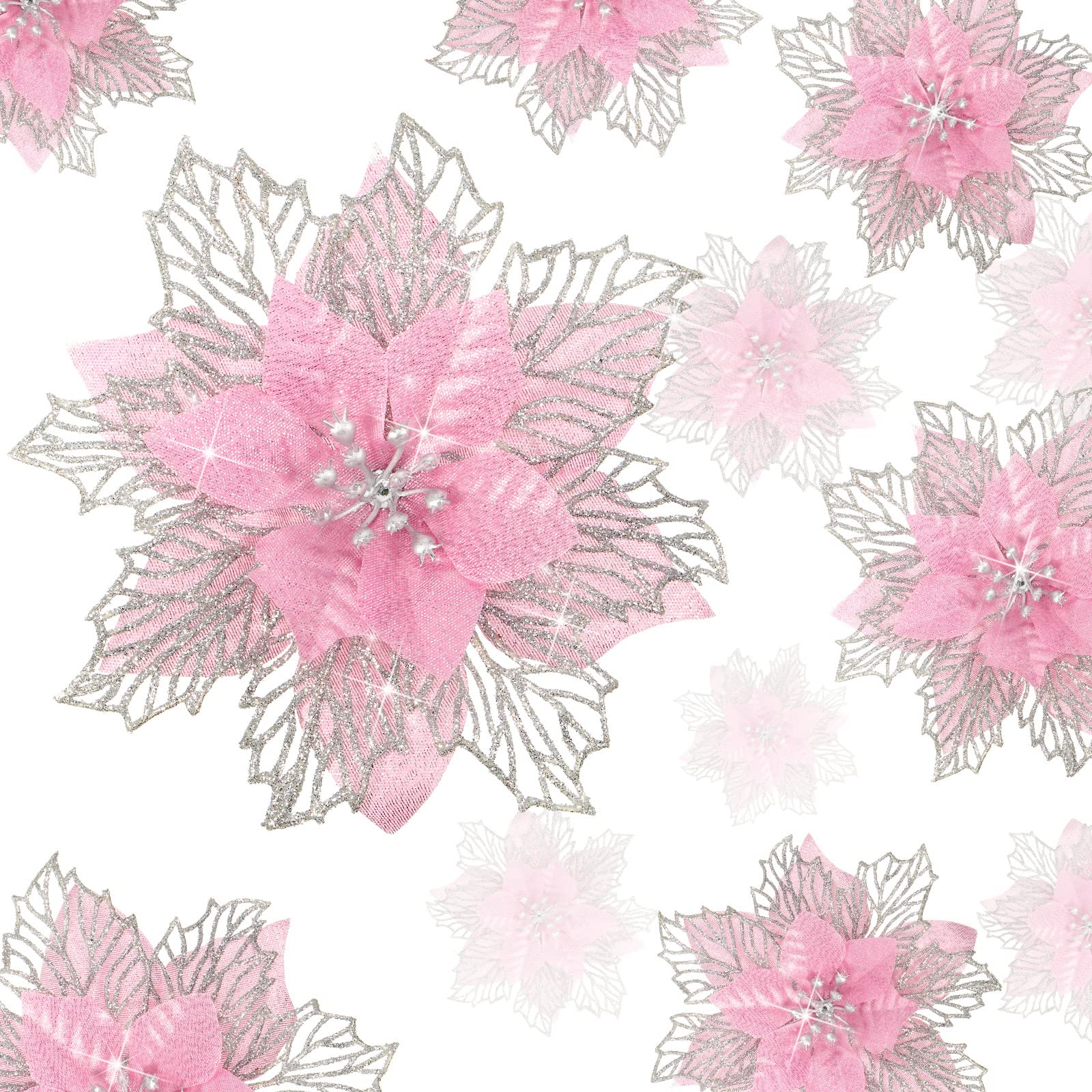 24 Pieces Christmas Glitter Poinsettia Flowers Layered Artificial Xmas Flowers Wedding Christmas Tree New Year Ornaments (Pink)