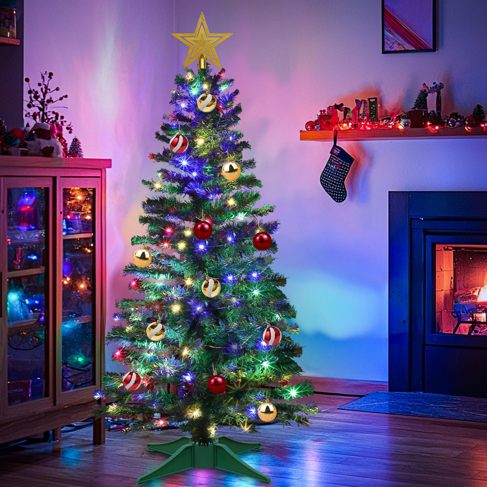 Remote 8 Mode & Timer 4 Ft Mini Christmas Tree with 100 Warm White & Multi Color Change Lights 18 DIY Balls Ornaments 3D Star Ba