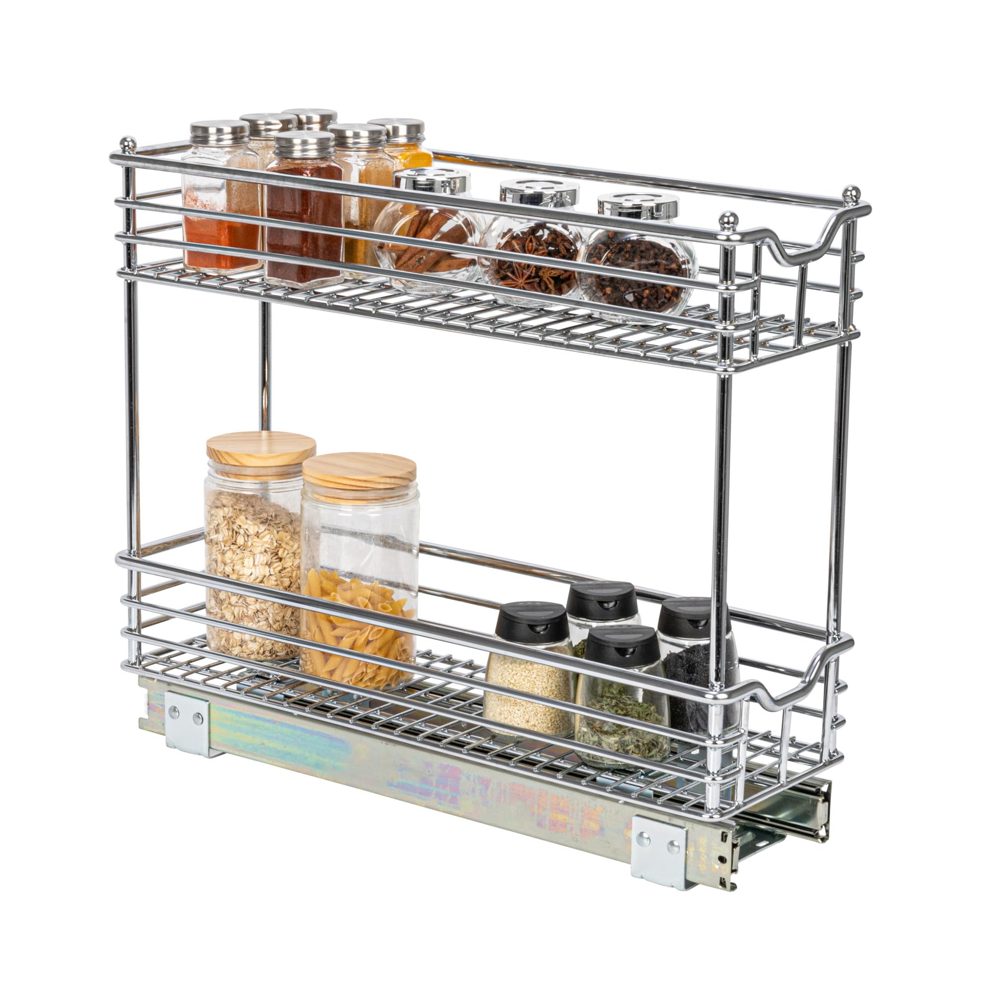 Household Essentials Narrow Sliding Cabinet Organizer, Two Tier Chrome Organizer, Chrome, Great For Slim Cabinets In Kitchen, Ba