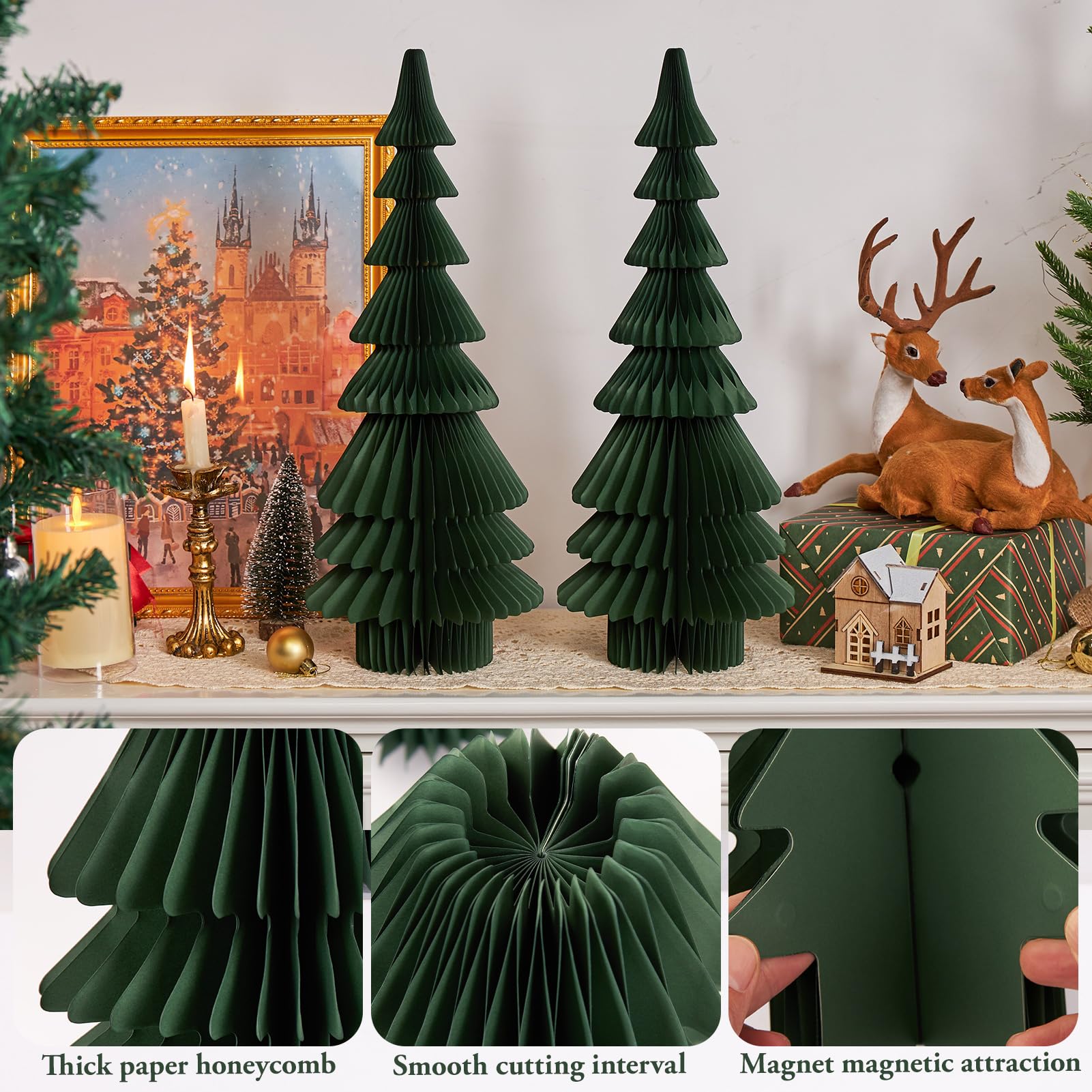 OBBOLO 20 Inch Green Paper Christmas Tree, 2 Pcs Foldable Honeycomb Tabletop Christmas Decorations with Magnetic Closure, Reusab