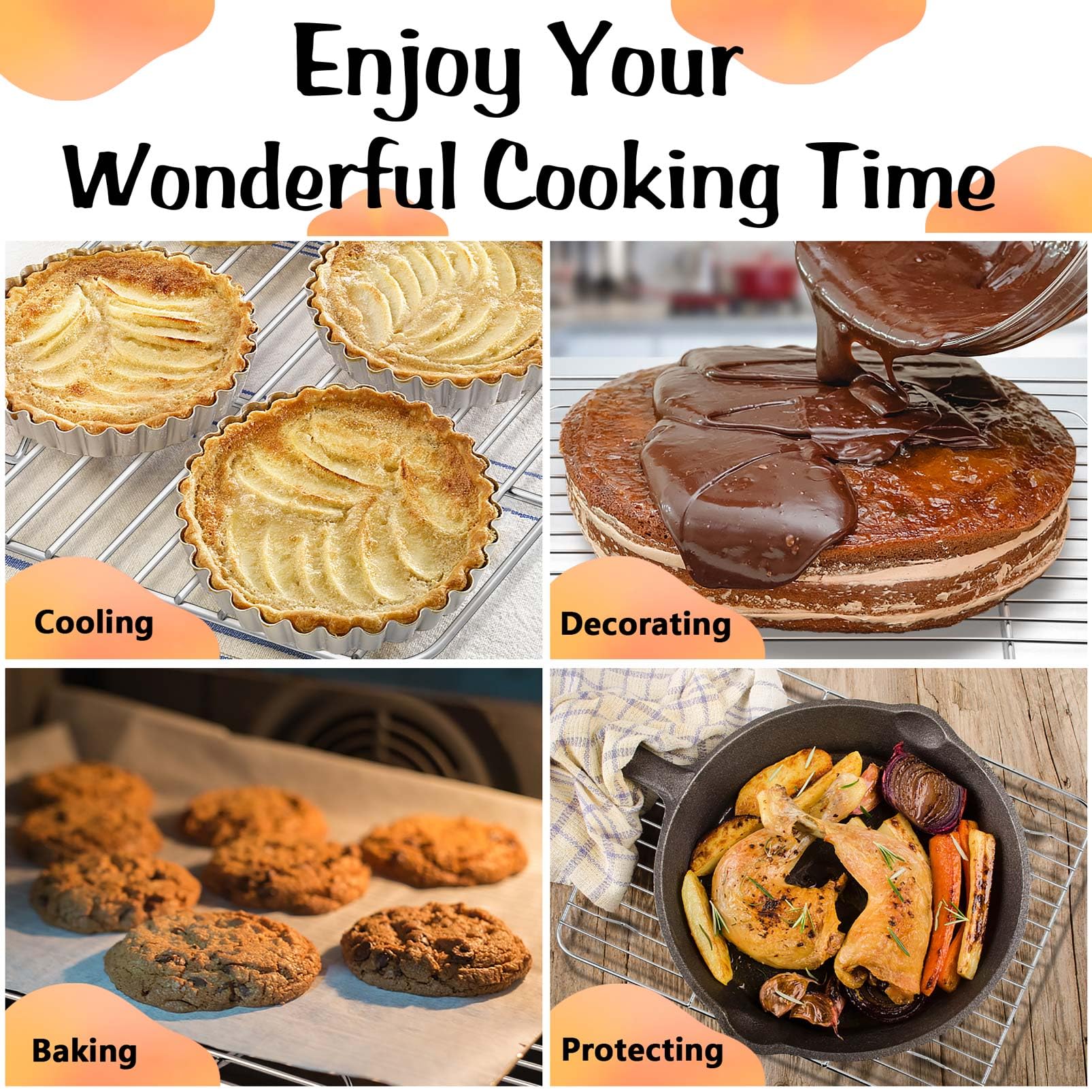 P&P Chef Cooling Rack Set For Baking Cooking Roasting Oven Use, 4-Piece Stainless Steel Grill Racks, Fit Various Size Cookie She