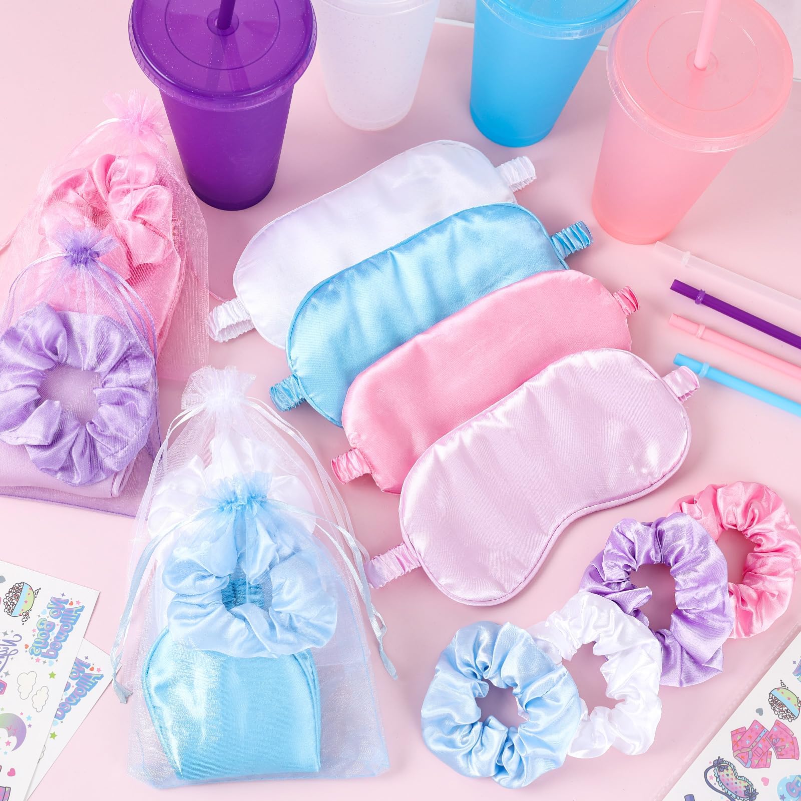 YLOLUL 36 Pcs Spa Sleepover Party Supplies for Girls Makeup Party Favor with 8 Eye Masks 8 Plastic Cups 8 Stickers 8 Hair Ropes
