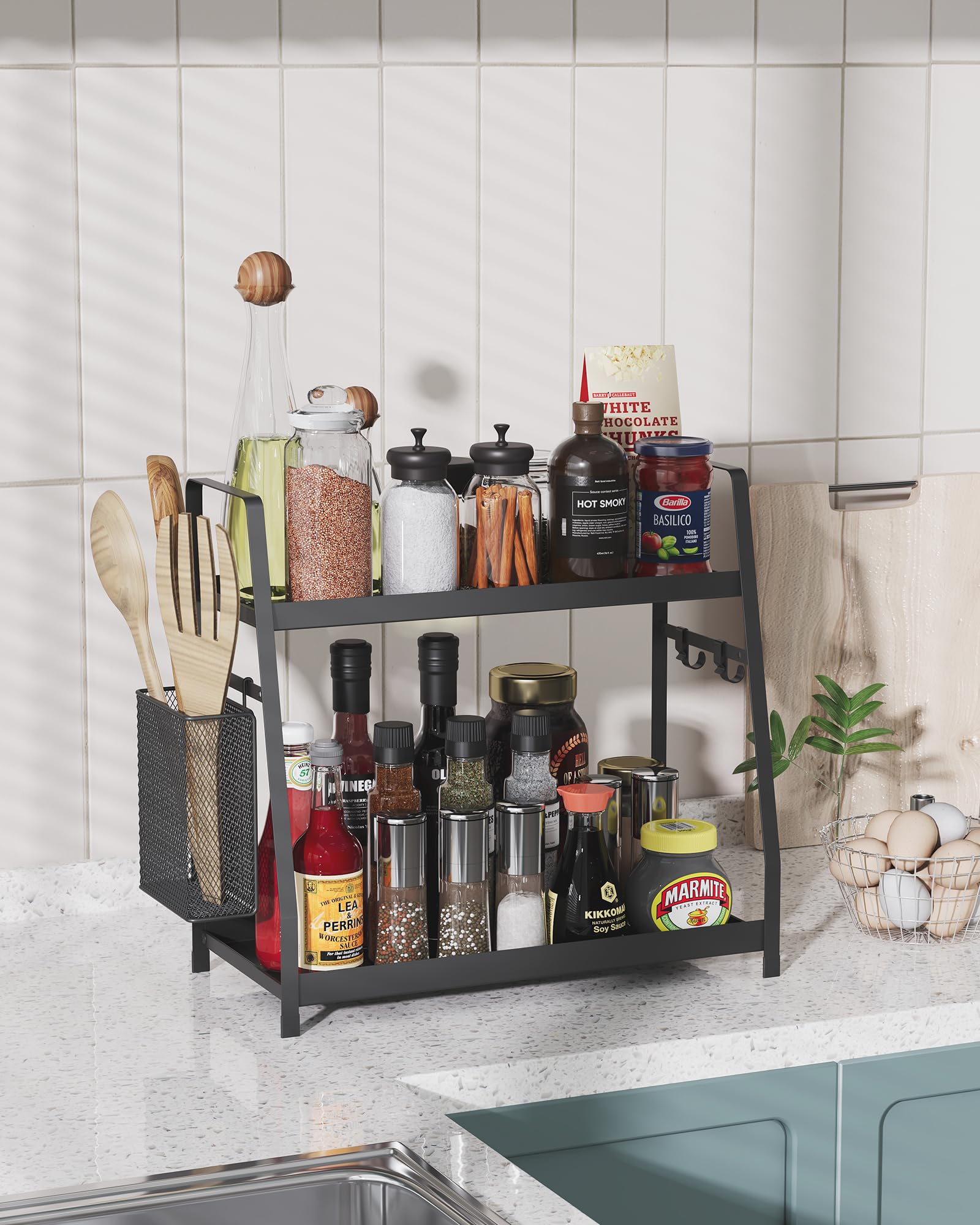 OROPY 2 Tier Spice Rack for Countertop, Height Adjustable Metal Standing Kitchen Storage Organizer Shelf, Counter Shelf for Cabi